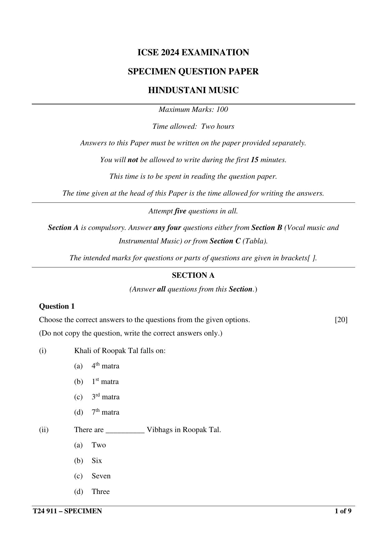 ICSE Class 10  2024 HINDUSTANI MUSIC Sample Paper - Page 1