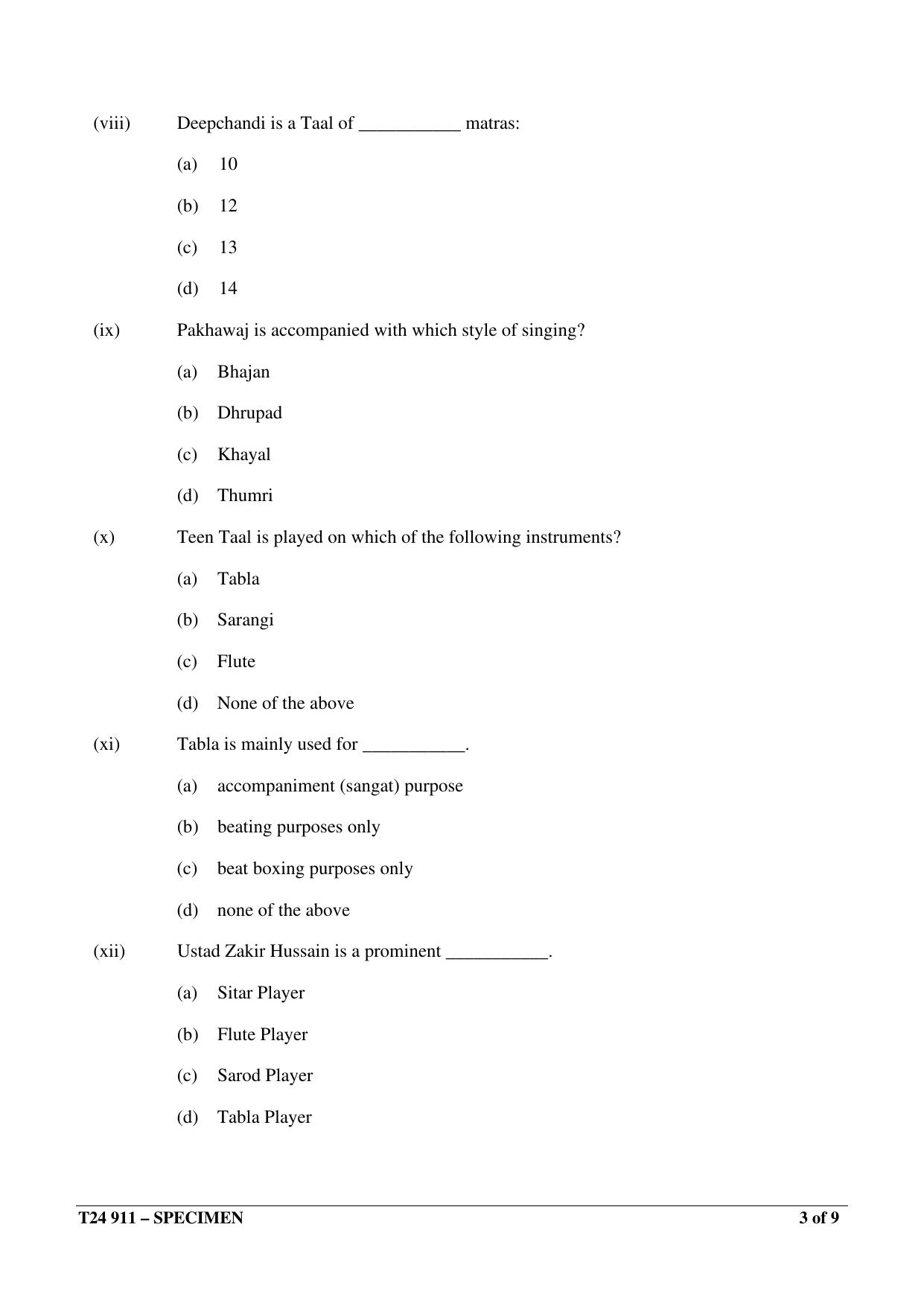ICSE Class 10  2024 HINDUSTANI MUSIC Sample Paper - Page 3