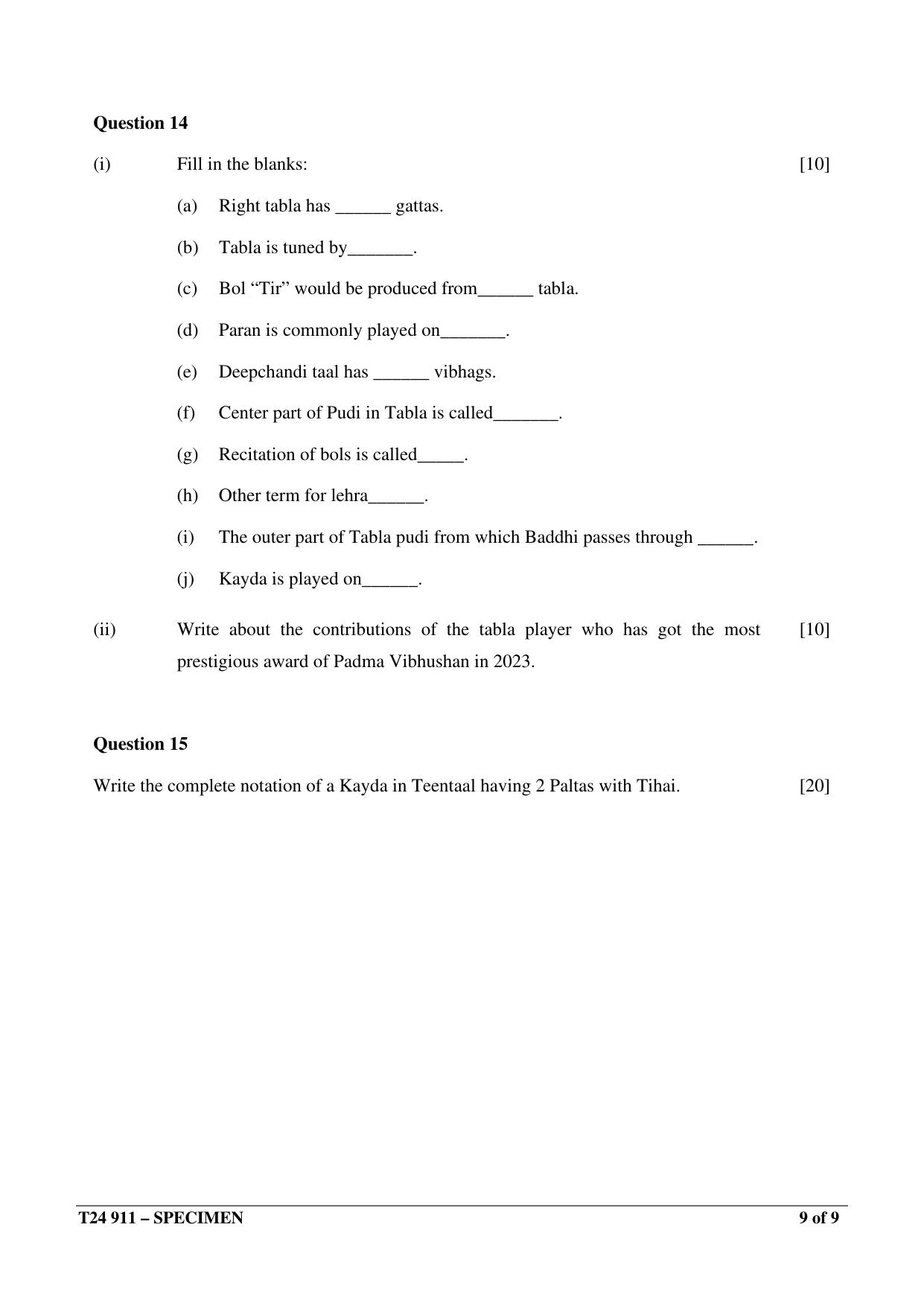 ICSE Class 10  2024 HINDUSTANI MUSIC Sample Paper - Page 9