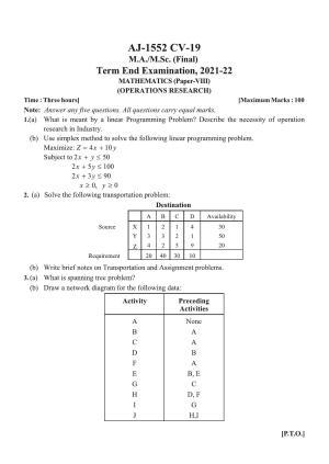 Bilaspur University Question Paper 2021-2022:M.Sc (Final) Mathematics Operations Research paper 1