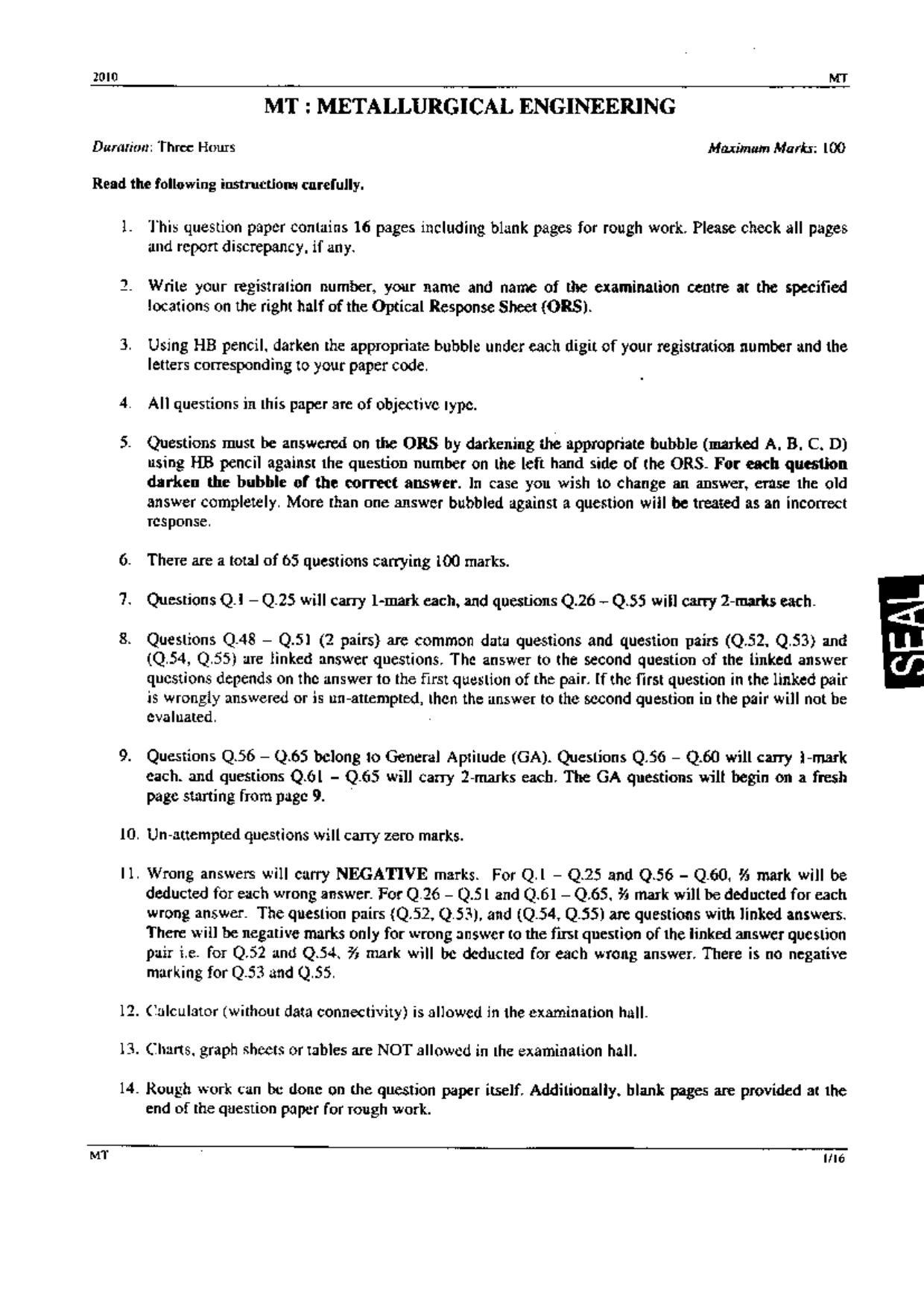 GATE 2010 Metallurgical Engineering (MT) Question Paper with Answer Key - Page 1