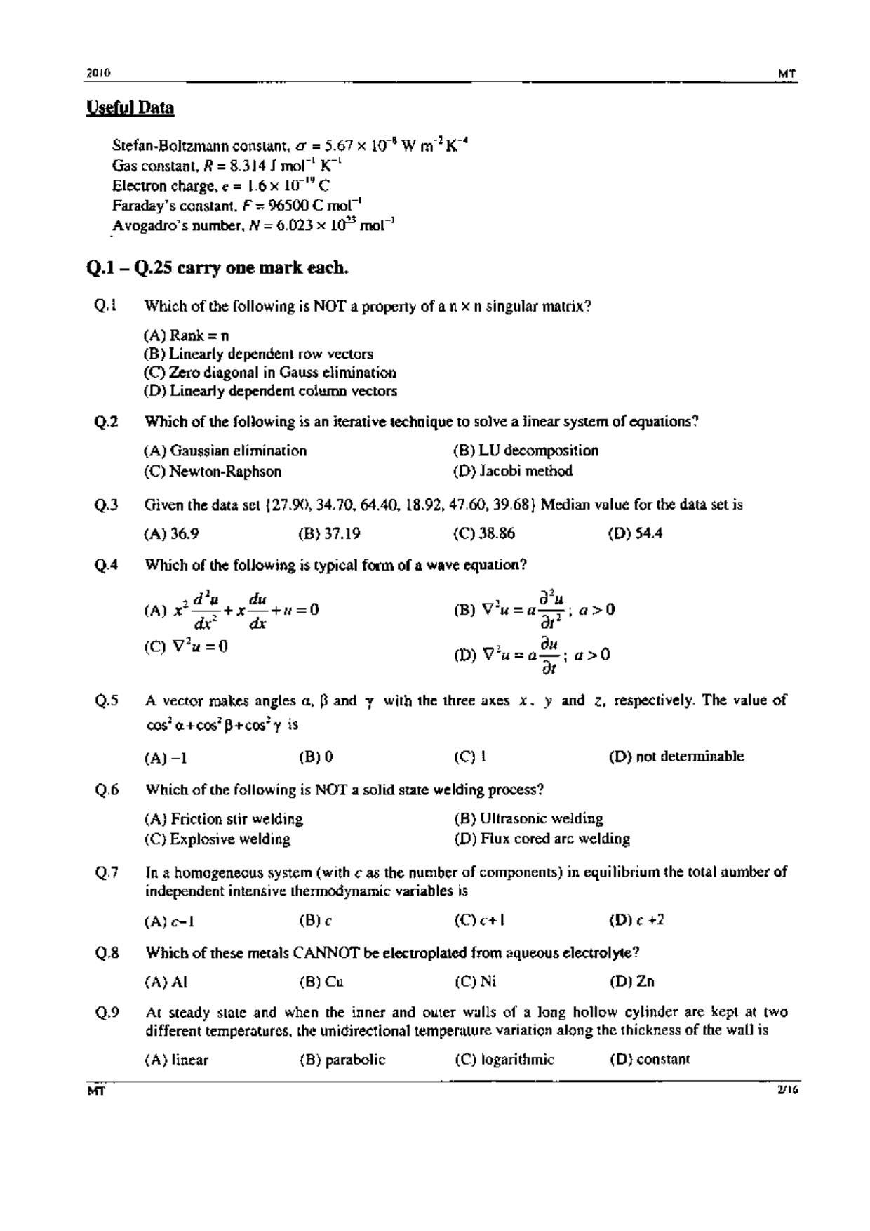 GATE 2010 Metallurgical Engineering (MT) Question Paper with Answer Key - Page 2