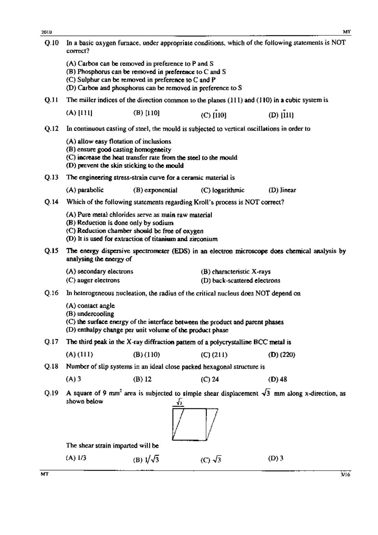 GATE 2010 Metallurgical Engineering (MT) Question Paper with Answer Key - Page 3