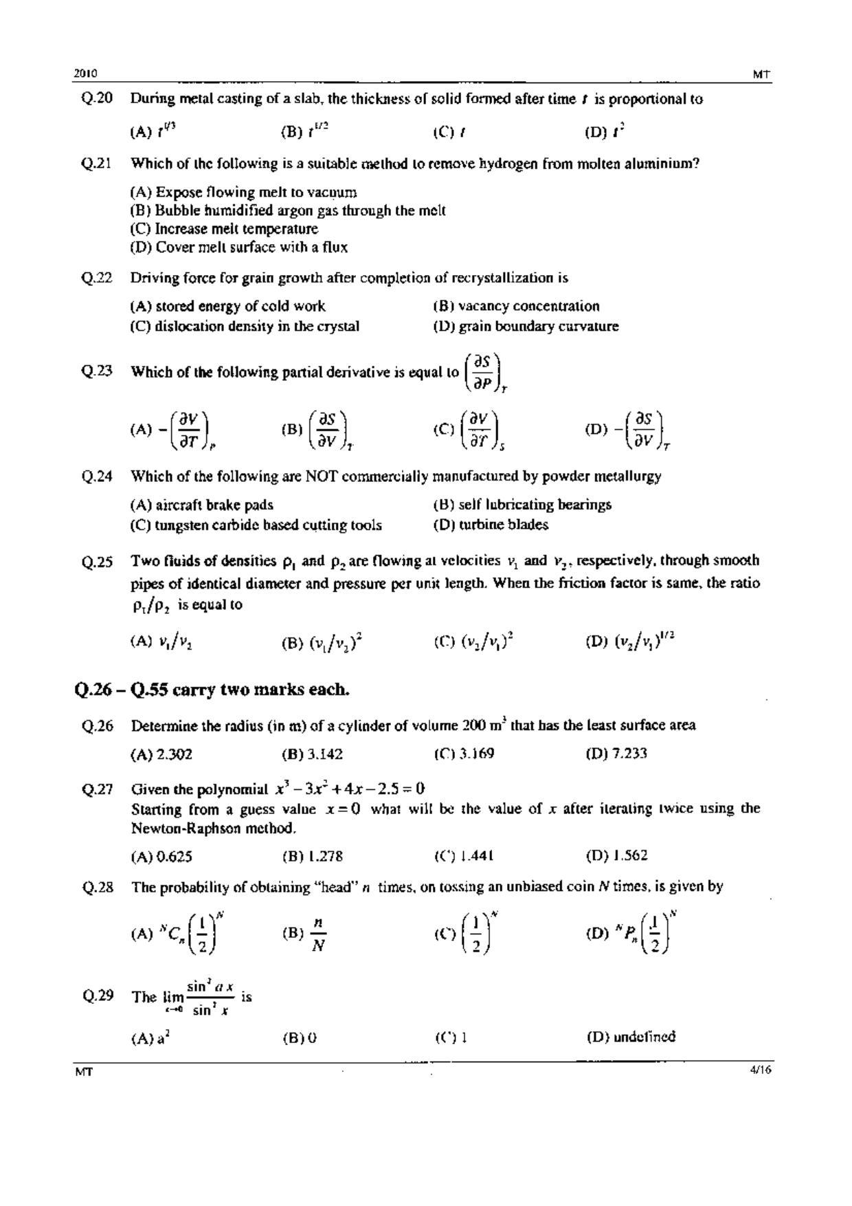 GATE 2010 Metallurgical Engineering (MT) Question Paper with Answer Key - Page 4