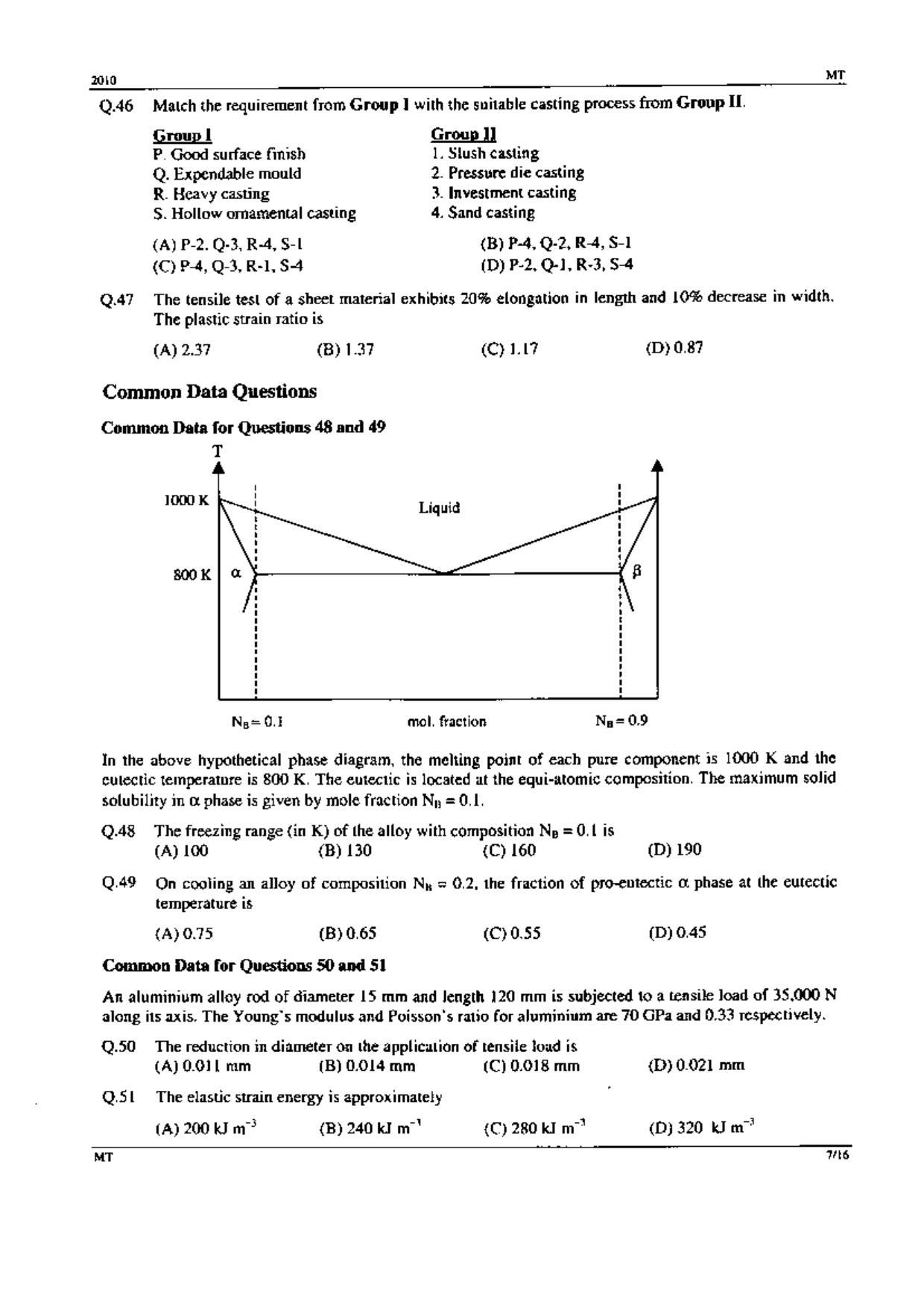 GATE 2010 Metallurgical Engineering (MT) Question Paper with Answer Key - Page 7