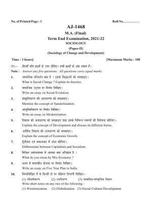 Bilaspur University Question Paper 2021-2022:M.A (Final) Sociology -Sociology Of Change And Development Paper 1