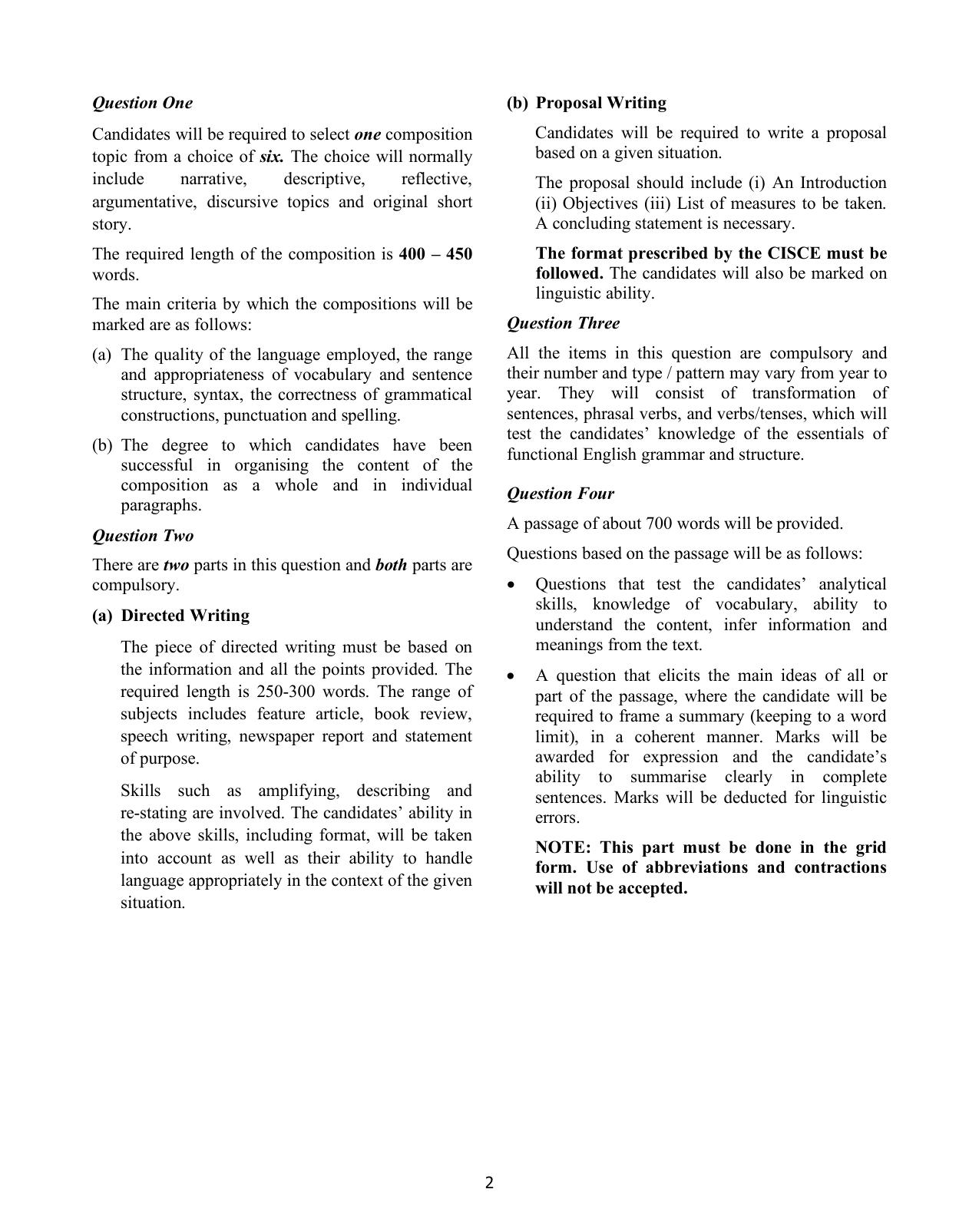 ISC Class XI & XII English 2025 Syllabus - Page 2