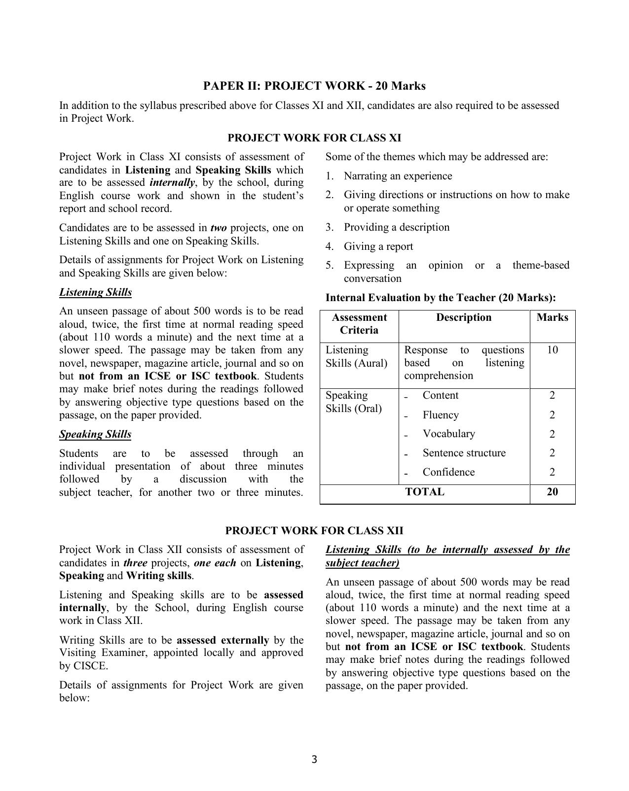 ISC Class XI & XII English 2025 Syllabus - Page 3