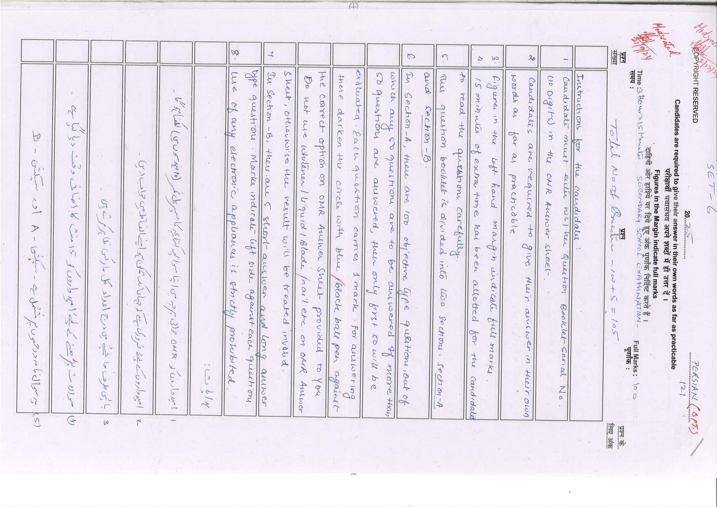 Bihar Board (BSEB) Class X: 121- PERSIAN 2025 Model Question Paper - Page 1