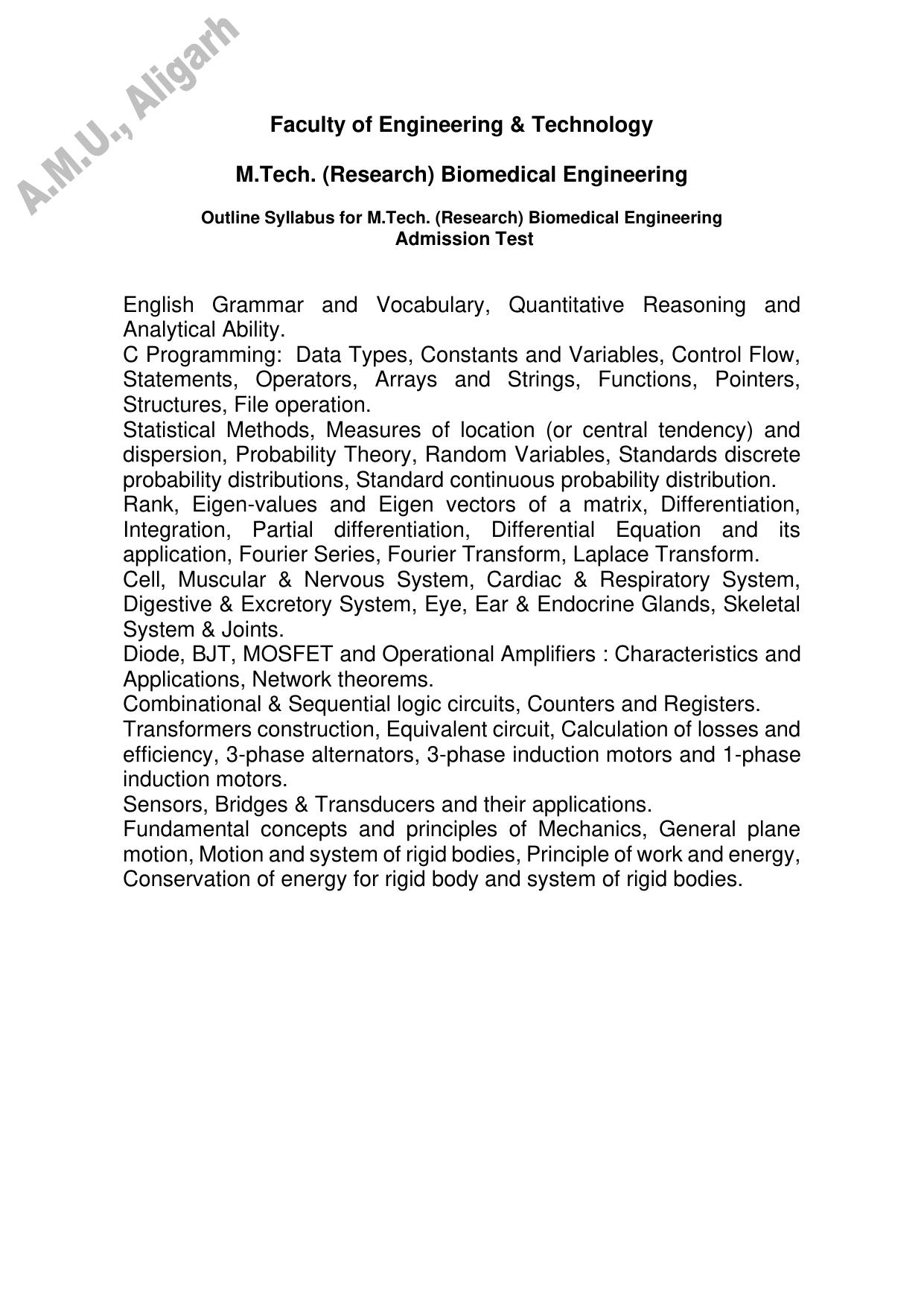 AMU Entrance Exam: M.Tech. Bio-Medical Engineering Syllabus - Page 1
