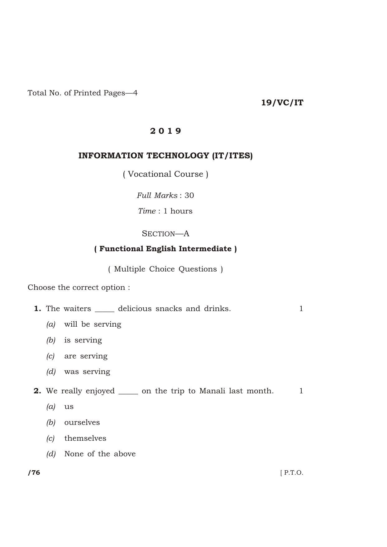 Meghalaya Board (MBOSE) Class 12 INFORMATION TECHNOLOGY (IT/ITES) 2019 Question Paper - Page 1