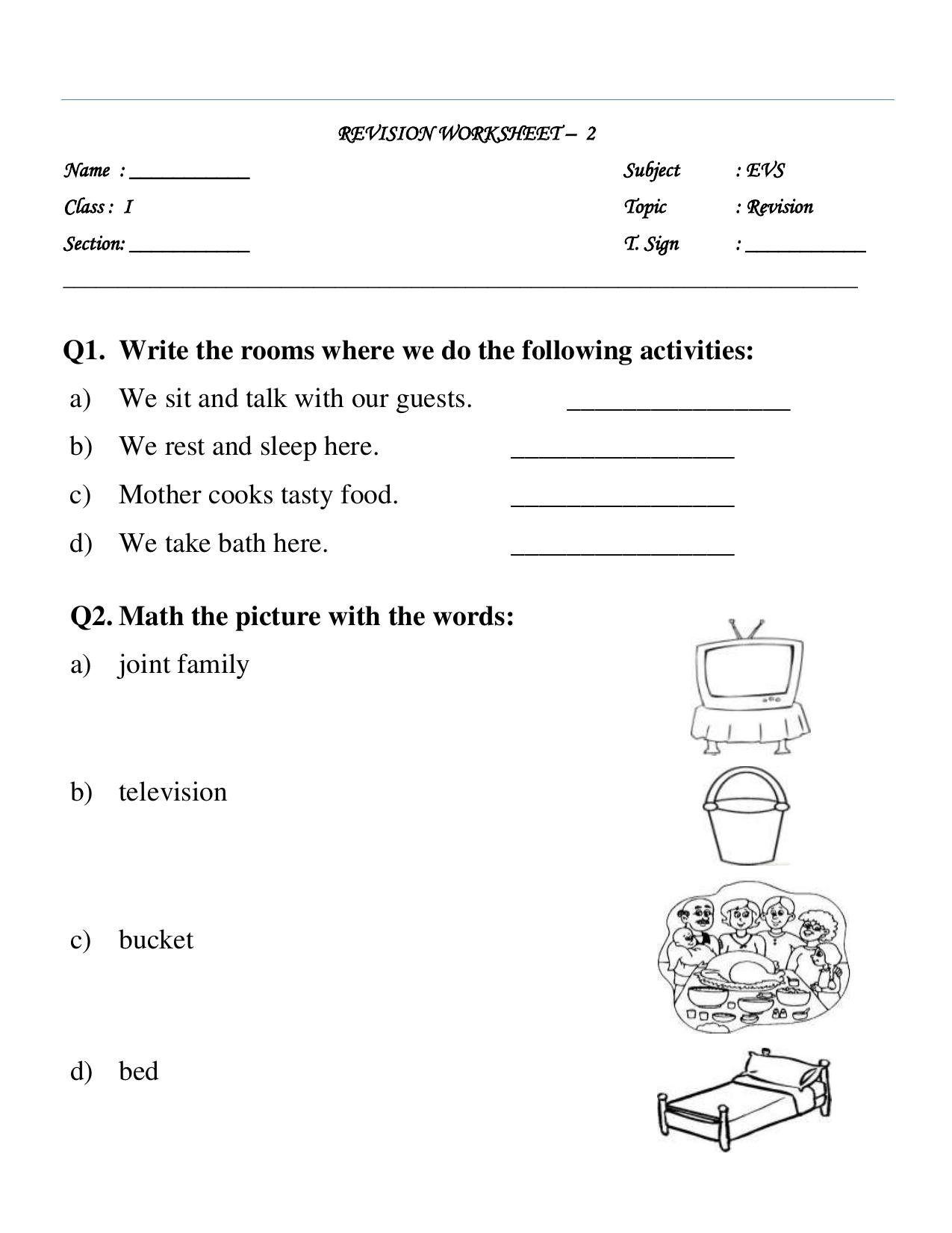 Worksheet for Class 1 EVS Assignment 16 - Page 1