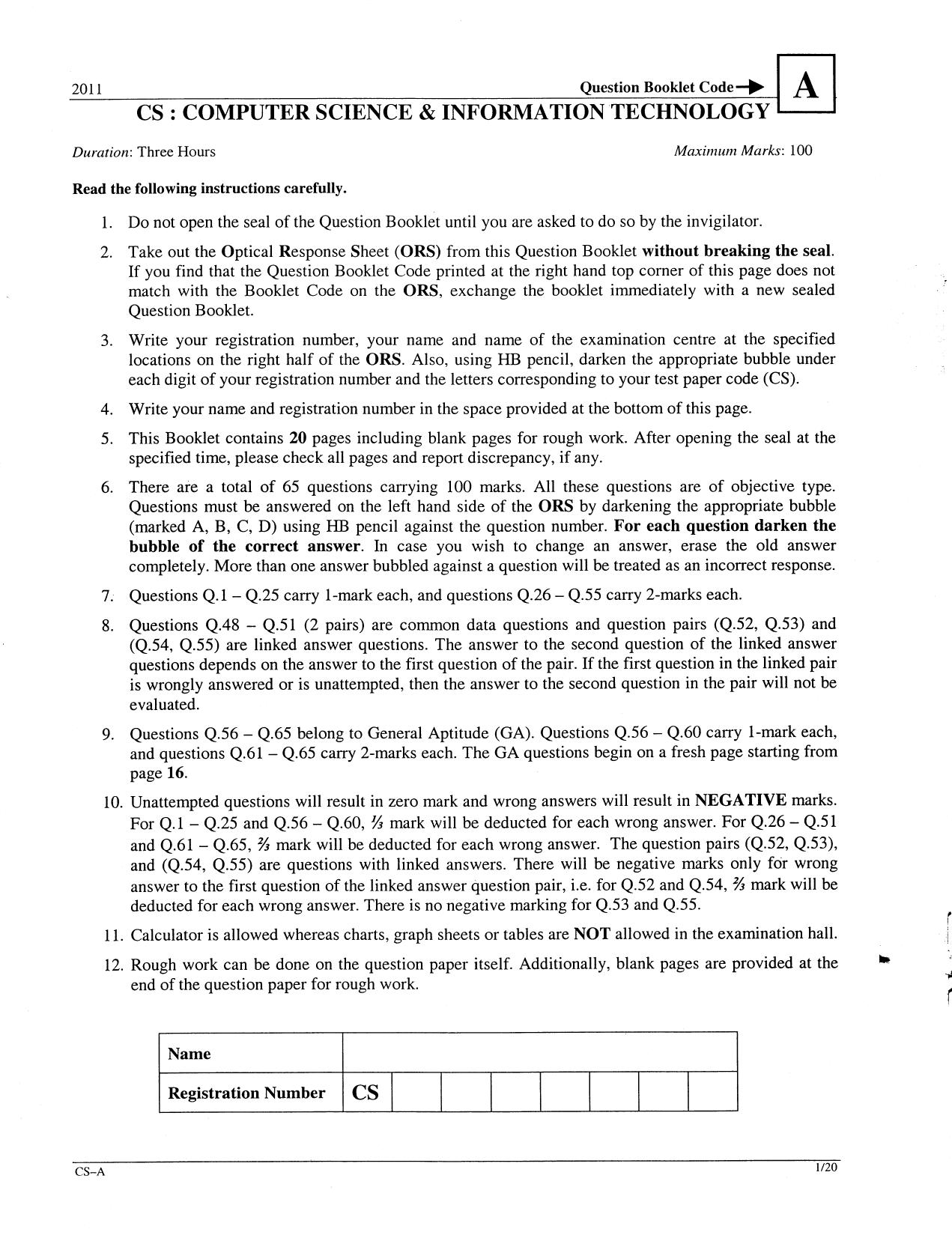 GATE 2011 Computer Science and Information Technology (CS) Question Paper with Answer Key - Page 1