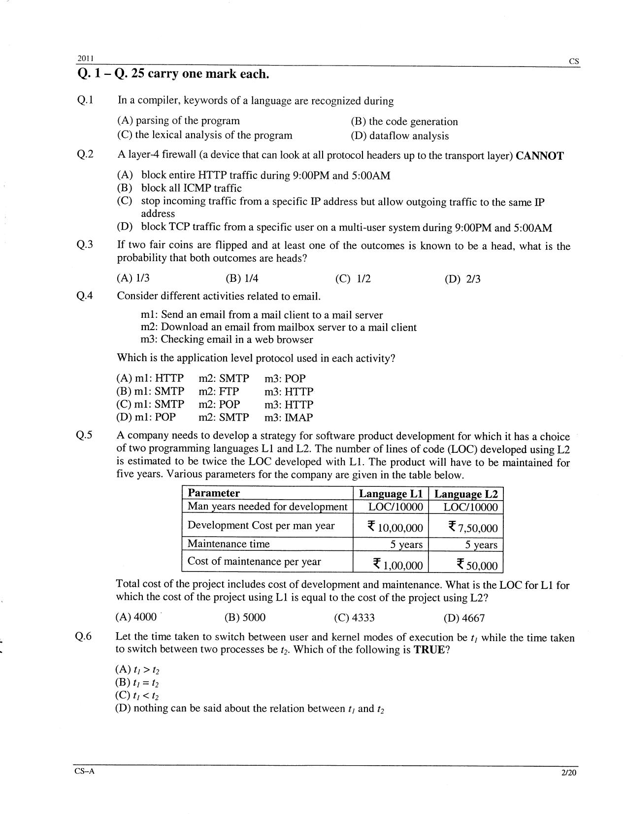 GATE 2011 Computer Science and Information Technology (CS) Question Paper with Answer Key - Page 2
