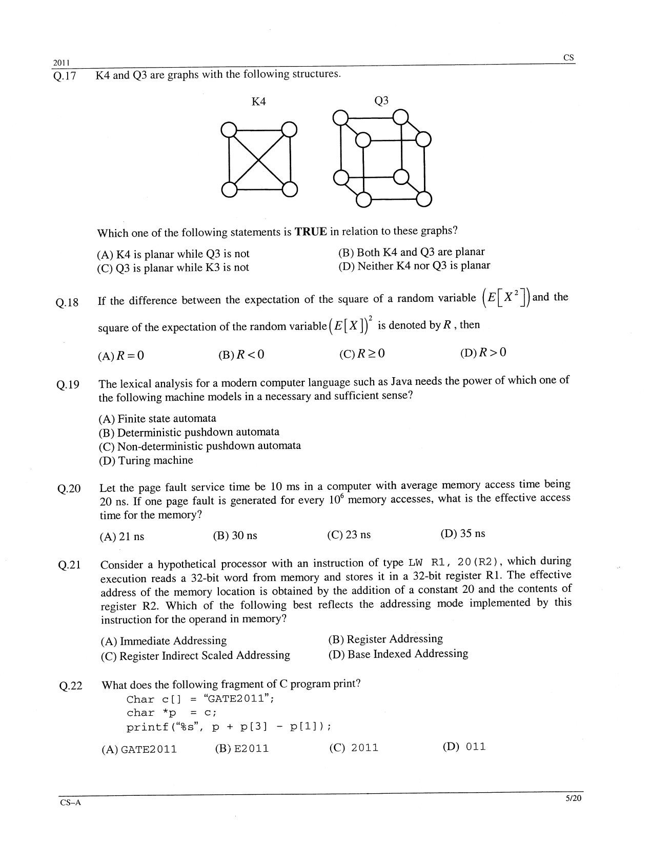 GATE 2011 Computer Science and Information Technology (CS) Question Paper with Answer Key - Page 5