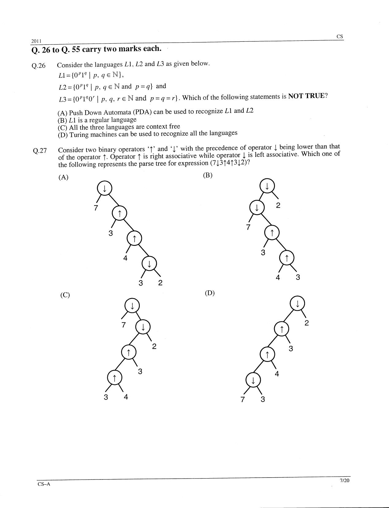 GATE 2011 Computer Science and Information Technology (CS) Question Paper with Answer Key - Page 7