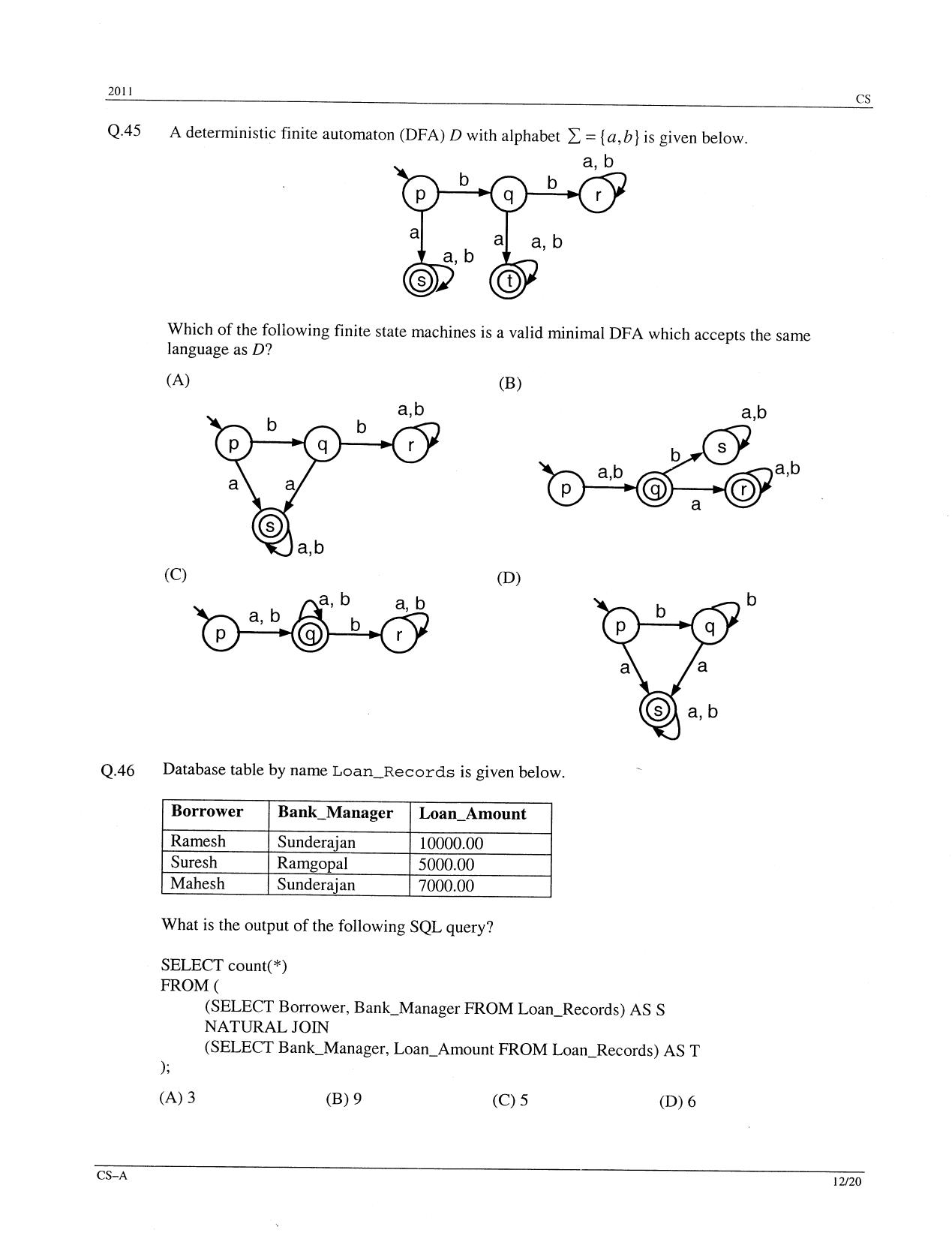 GATE 2011 Computer Science and Information Technology (CS) Question Paper with Answer Key - Page 12