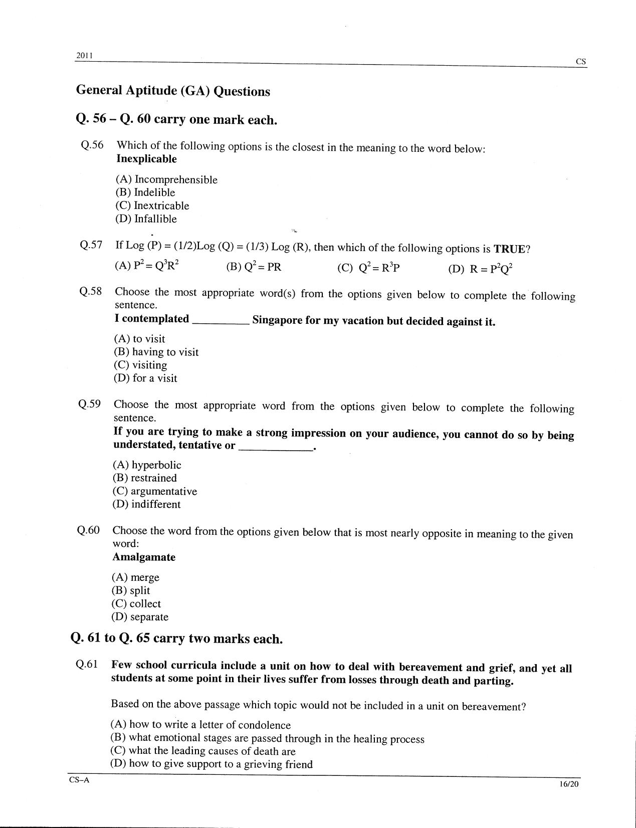 GATE 2011 Computer Science and Information Technology (CS) Question Paper with Answer Key - Page 16