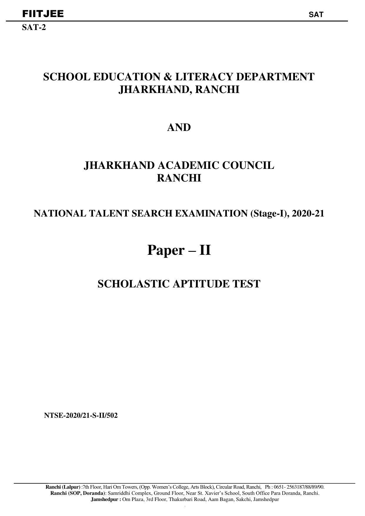Jharkhand (JAC) NTSE (SAT) 2020-21 Question Paper - Page 1
