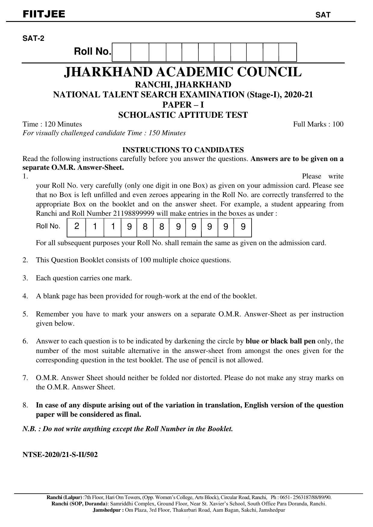 Jharkhand (JAC) NTSE (SAT) 2020-21 Question Paper - Page 2