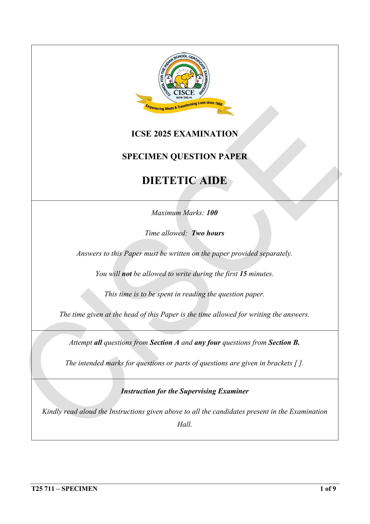 ICSE Class 10 2025 Dietetic Aide (QP & MS) Specimen Paper - Page 1