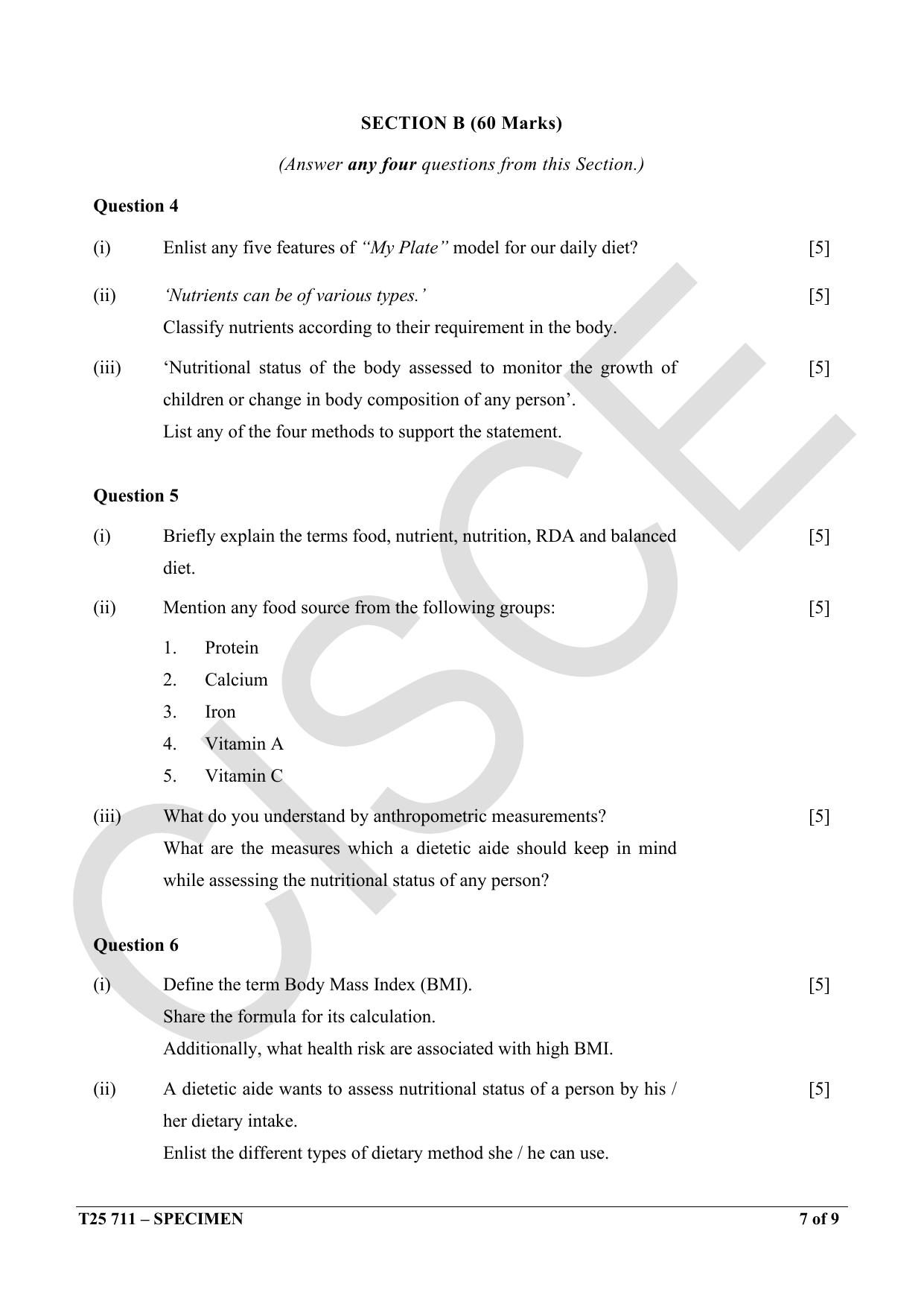 ICSE Class 10 2025 Dietetic Aide (QP & MS) Specimen Paper - Page 7