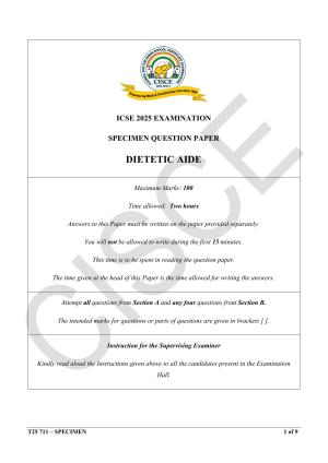 ICSE Class 10 2025 Dietetic Aide (QP & MS) Specimen Paper