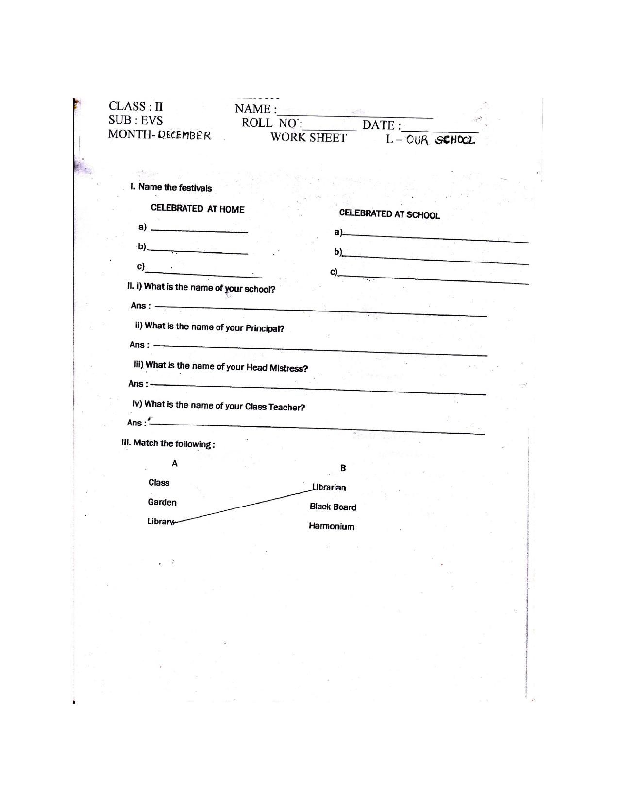 Worksheets for Class 2 EVS Assignment 16 Our School - Page 1