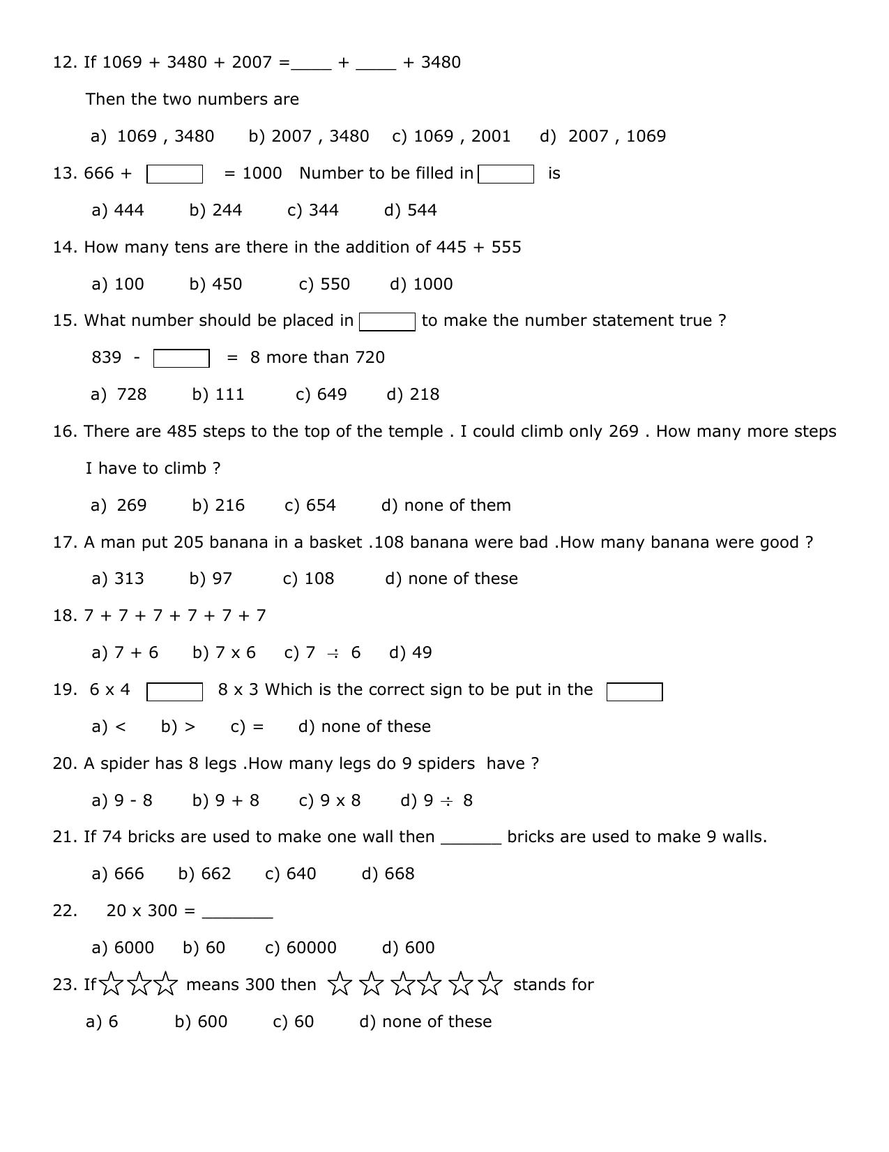 Worksheet for Class 3 Mathematics Practice Test Assignment 2 - Page 2