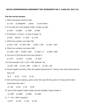 Worksheet for Class 3 Mathematics Practice Test Assignment 2