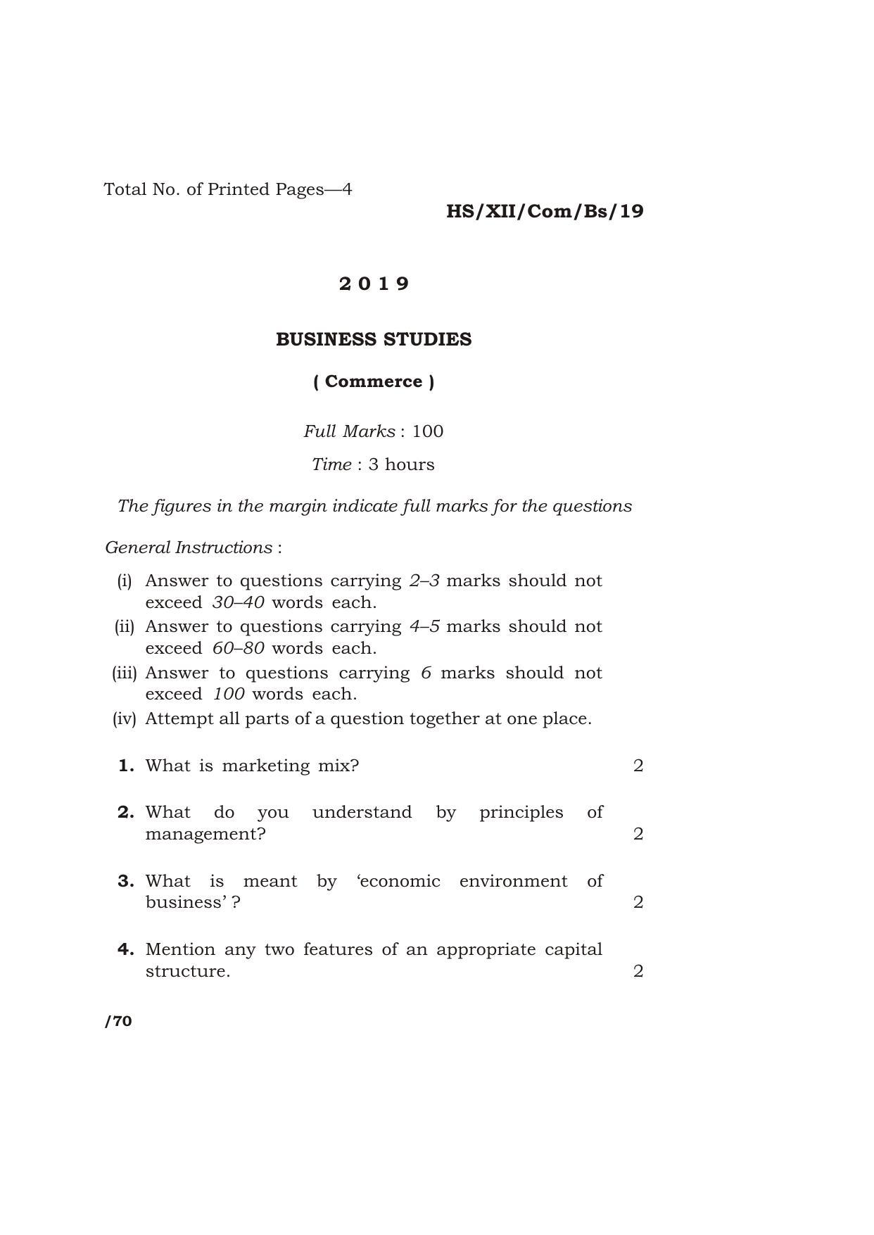 Meghalaya Board (MBOSE) Class 12 BUSINESS STUDIES 2019 Question Paper - Page 1