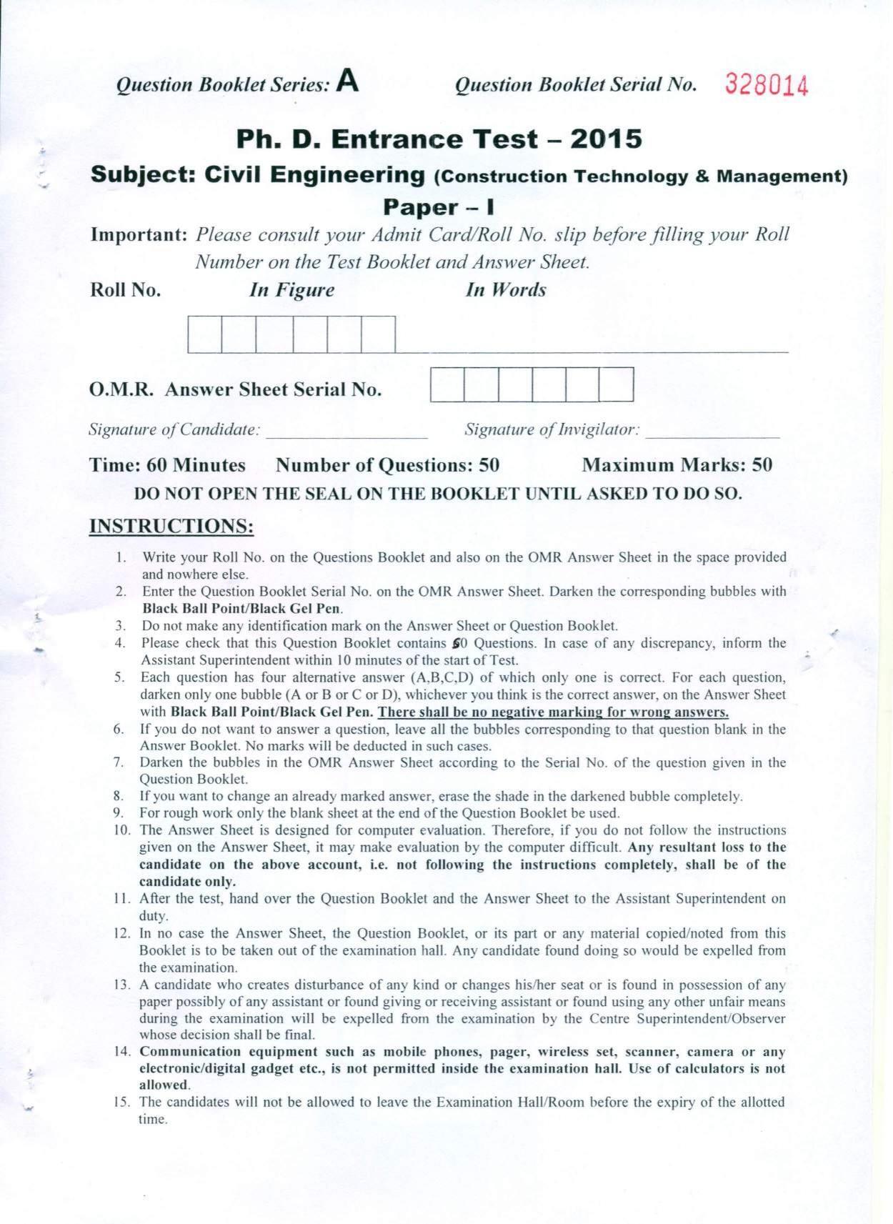 PU MPET Civil Engineering Construction Technology Management 2015 Question Paper - Page 1