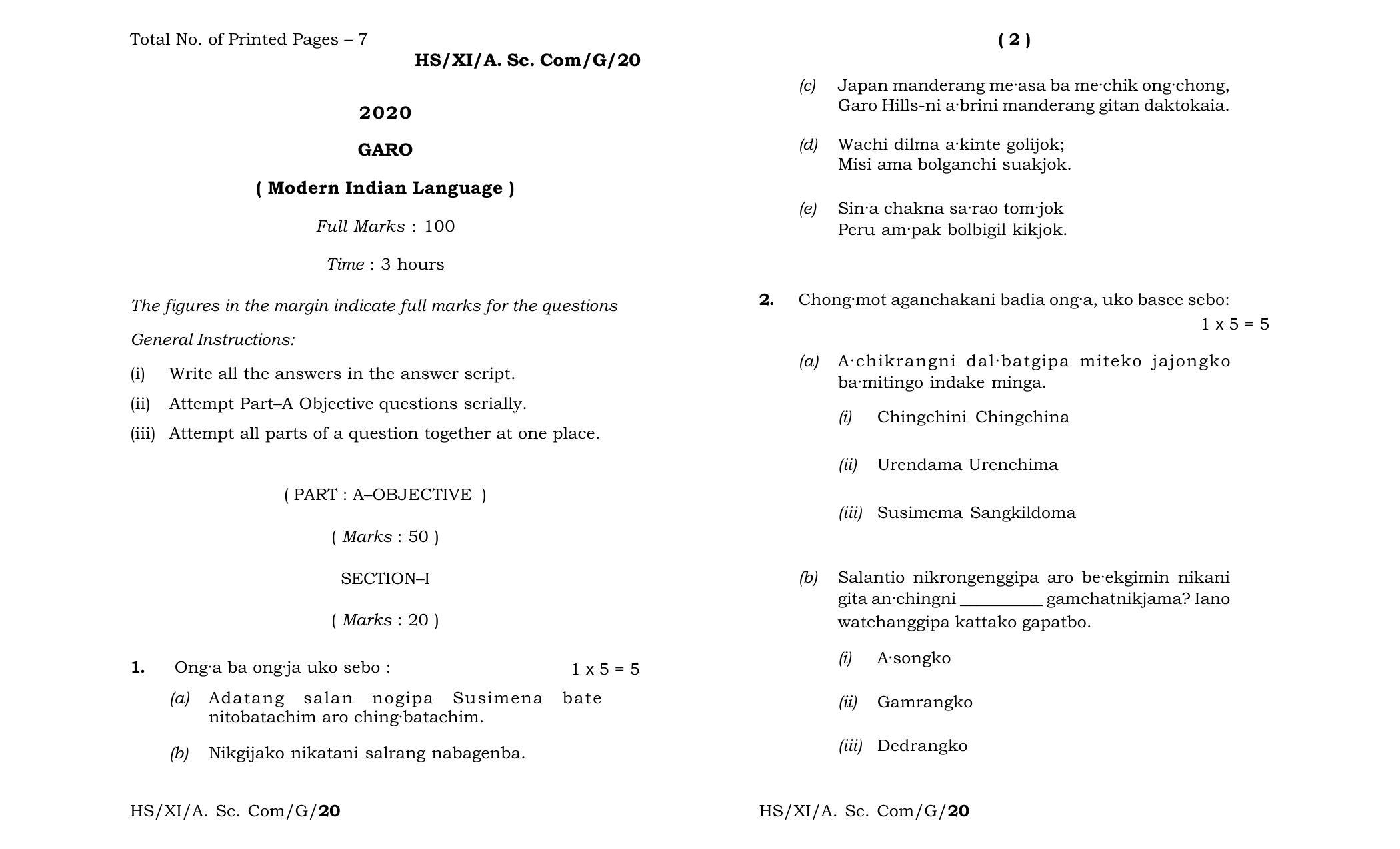 Meghalaya Board (MBOSE) Class 11 Garo MIL 2020 Question Paper - Page 1