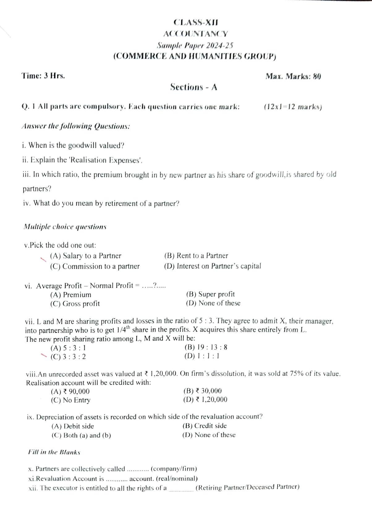 PSEB 12th Accountancy Model Paper 2025 - Page 1