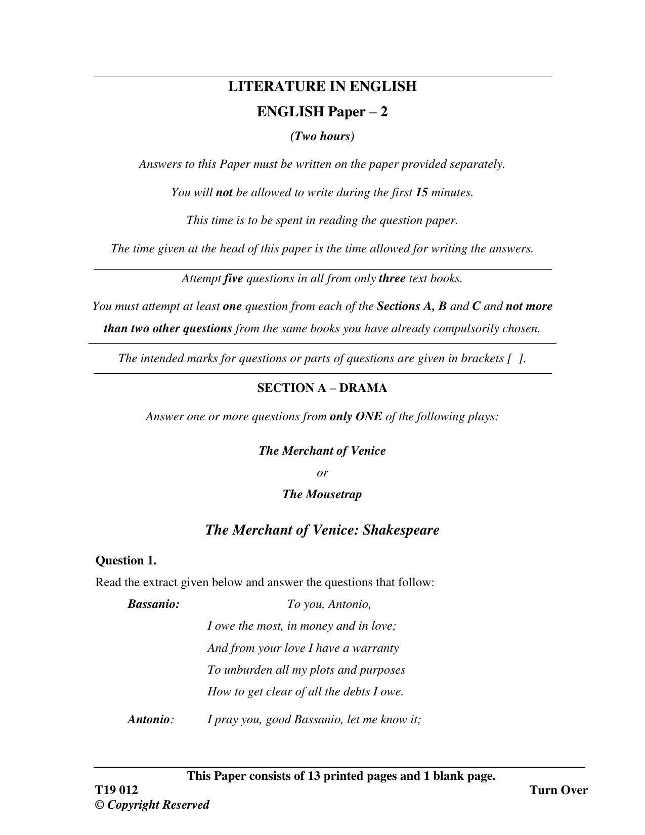 ICSE Class 10 English Paper II 2019 Question Paper - Page 1