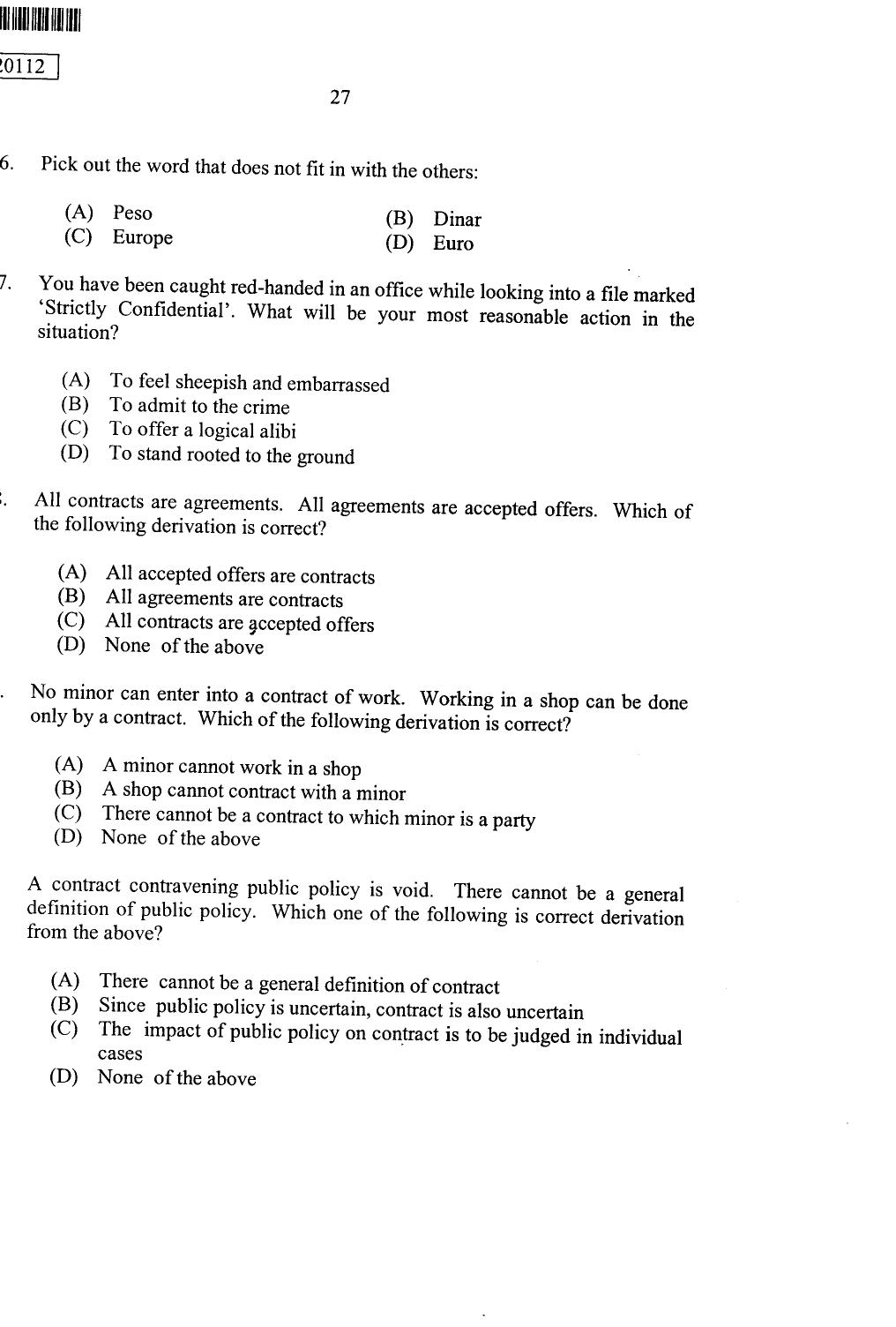 CUSAT CAT 2012 BBA & LLB(Hons) Question Paper - Page 28