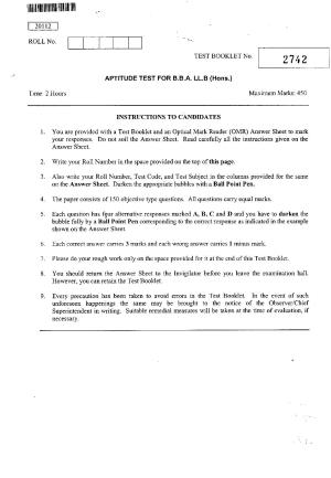 CUSAT CAT 2012 BBA & LLB(Hons) Question Paper