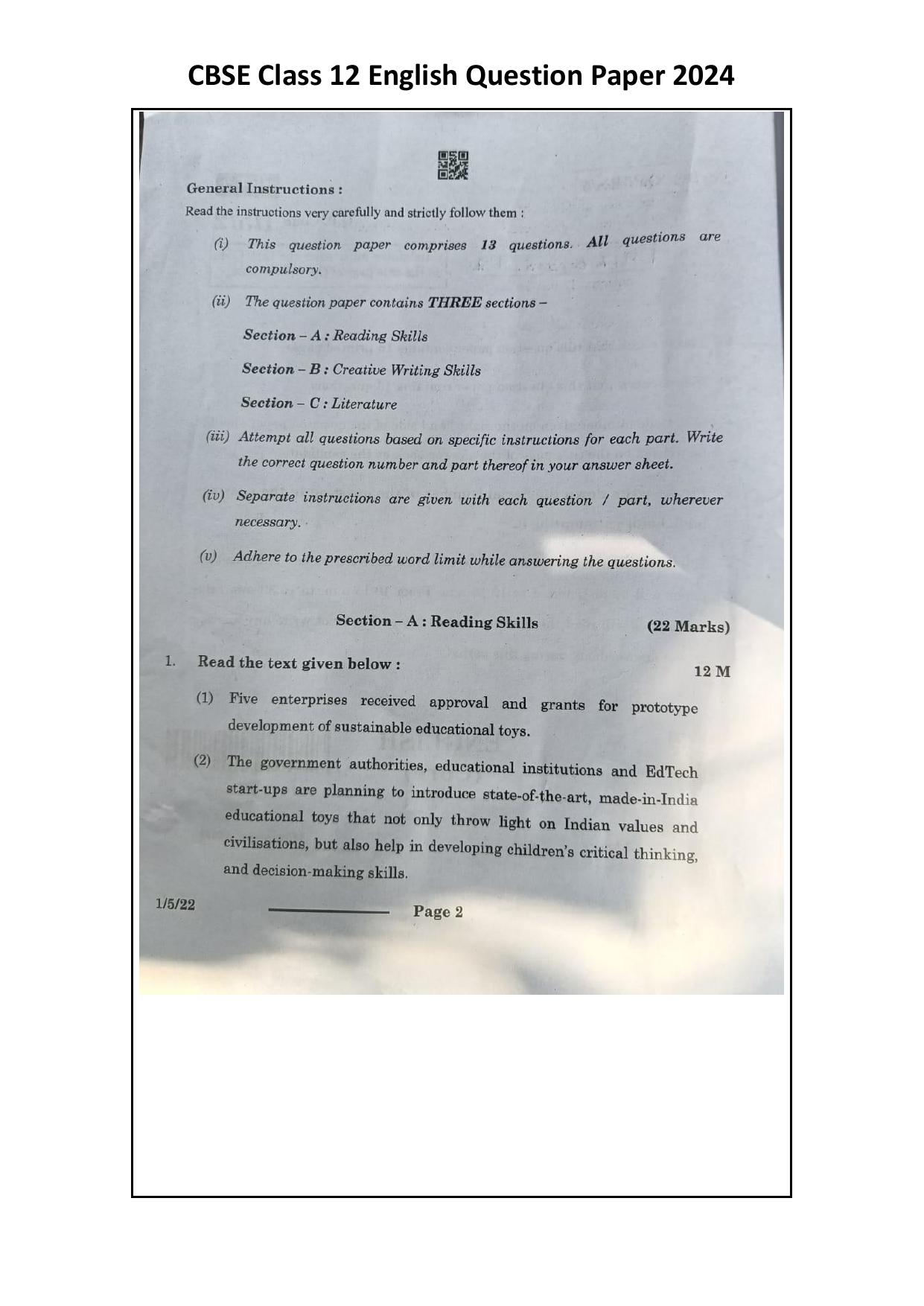 1/5/3 English Core Set 3 2024 Question Paper - Page 2