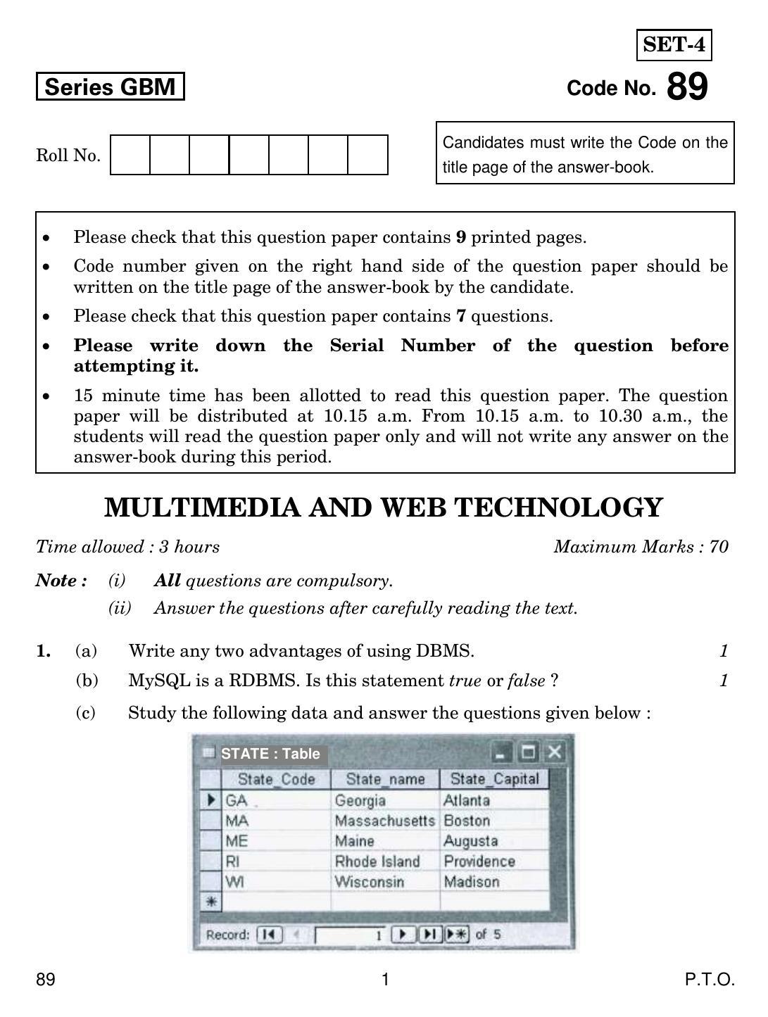 CBSE Class 12 89 MULTIMEDIA AND WEB TECHNOLOGY 2017 Question Paper - Page 1
