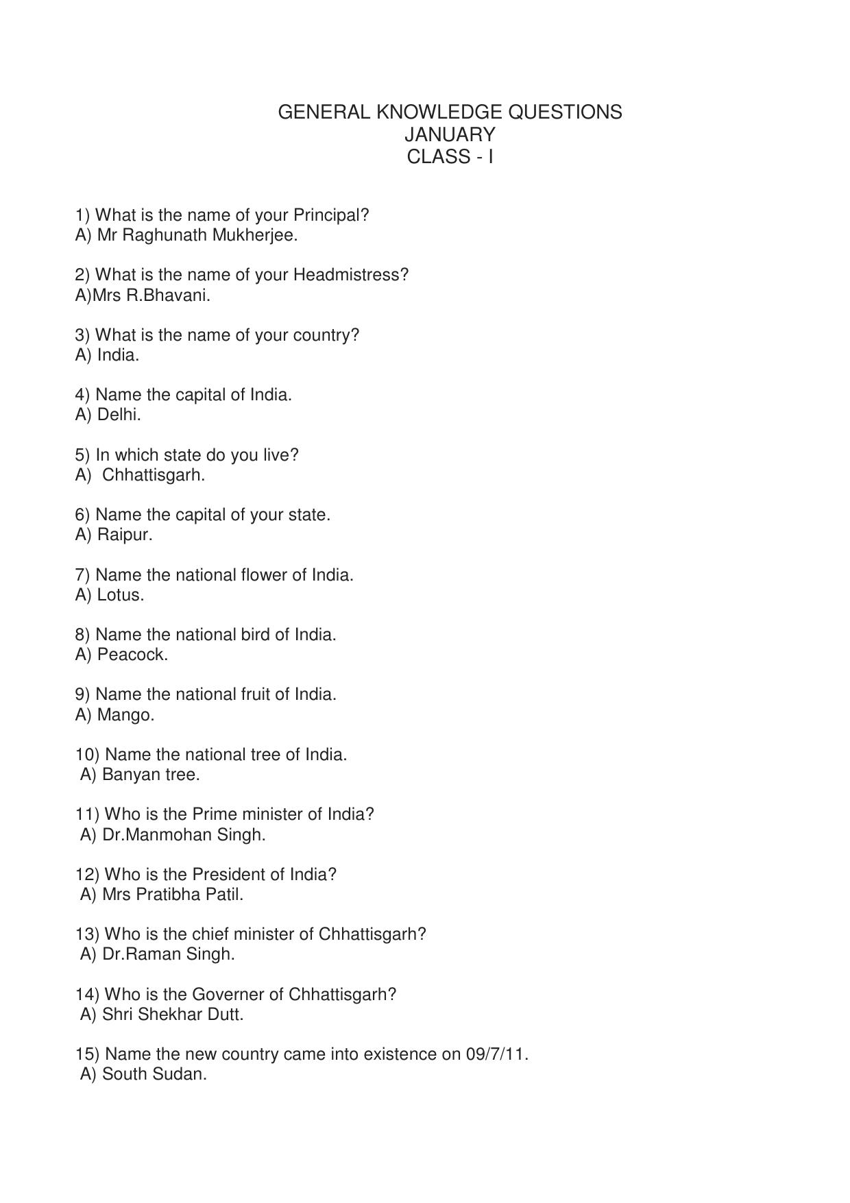 Worksheet for Class 5 General Knowledge Assignment 4 - Page 1