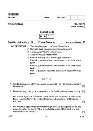 Goa Board Class 12 Banking 601 New Pattern (June 2018) Question Paper