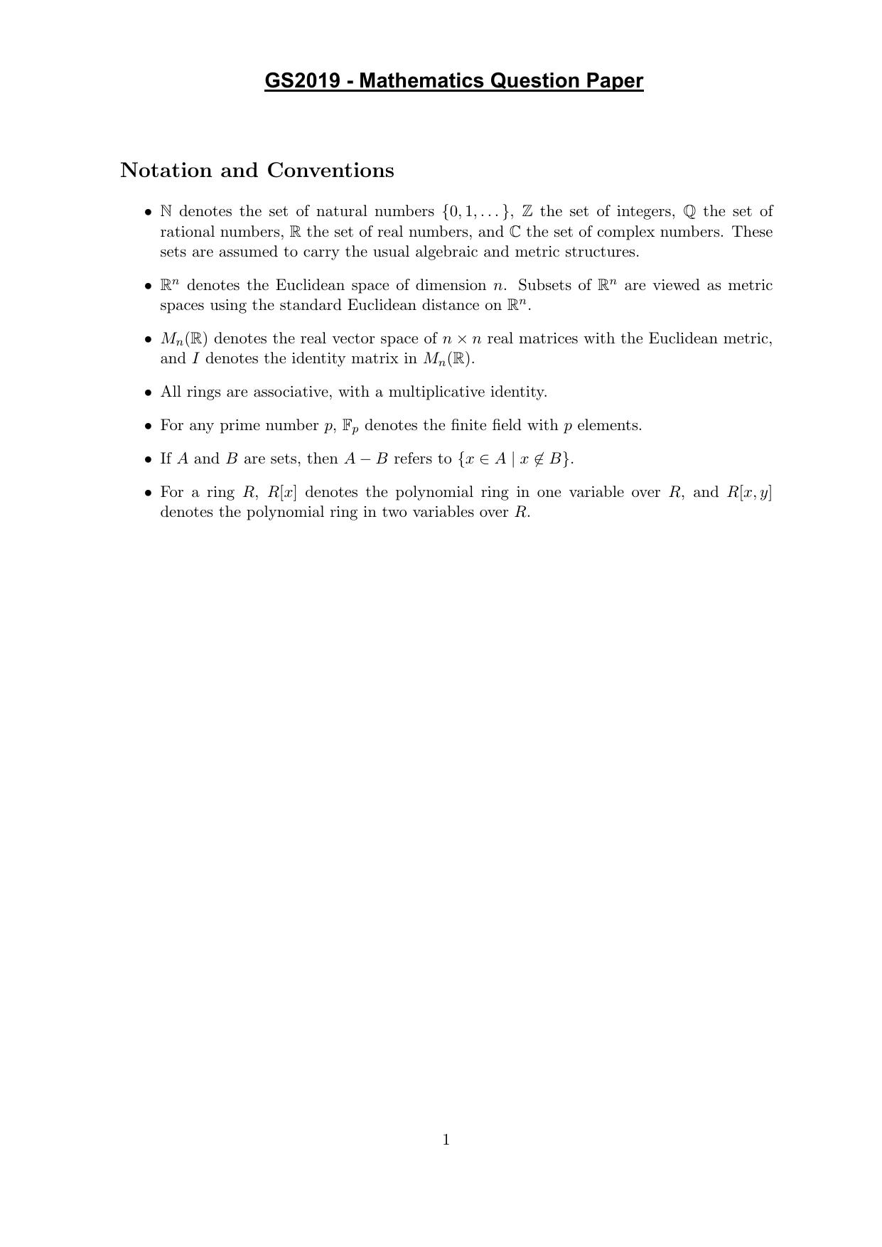 TIFR GS 2019 Mathematics Question Paper - Page 1