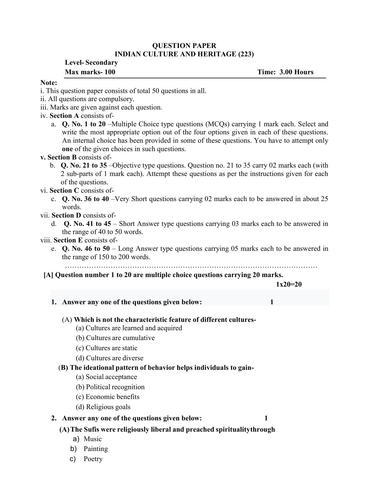 NIOS Class 10 Indian Culture & Heritage (223) Sample Paper - Page 1