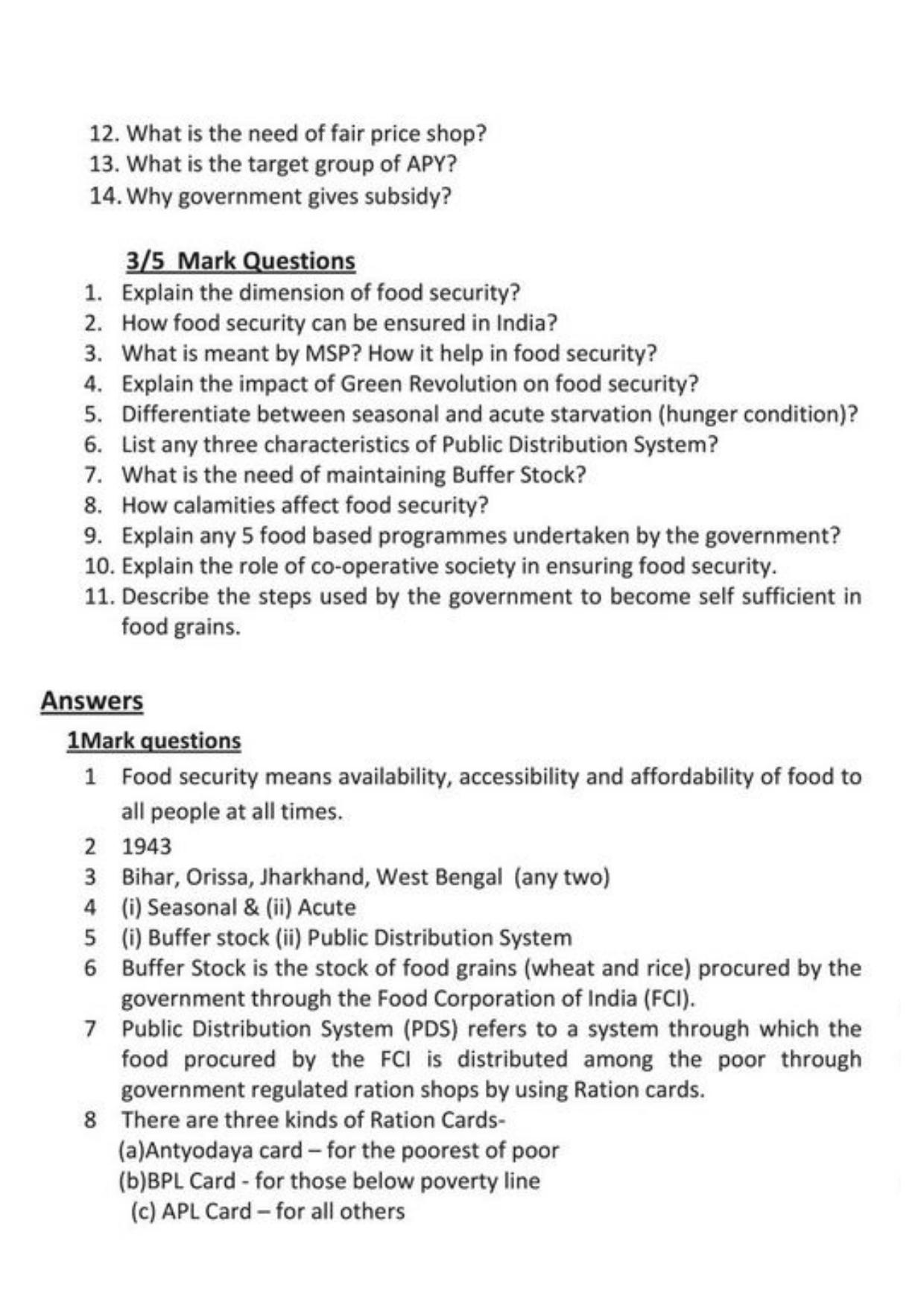 Class 9 Notes, Question & Practice Paper - Economics (Topic 4 : Food Security in India) - Page 5
