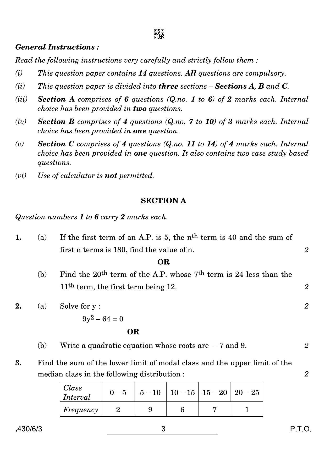 CBSE Class 10 430-6-3 Maths Basic 2022 Compartment Question Paper - Page 3