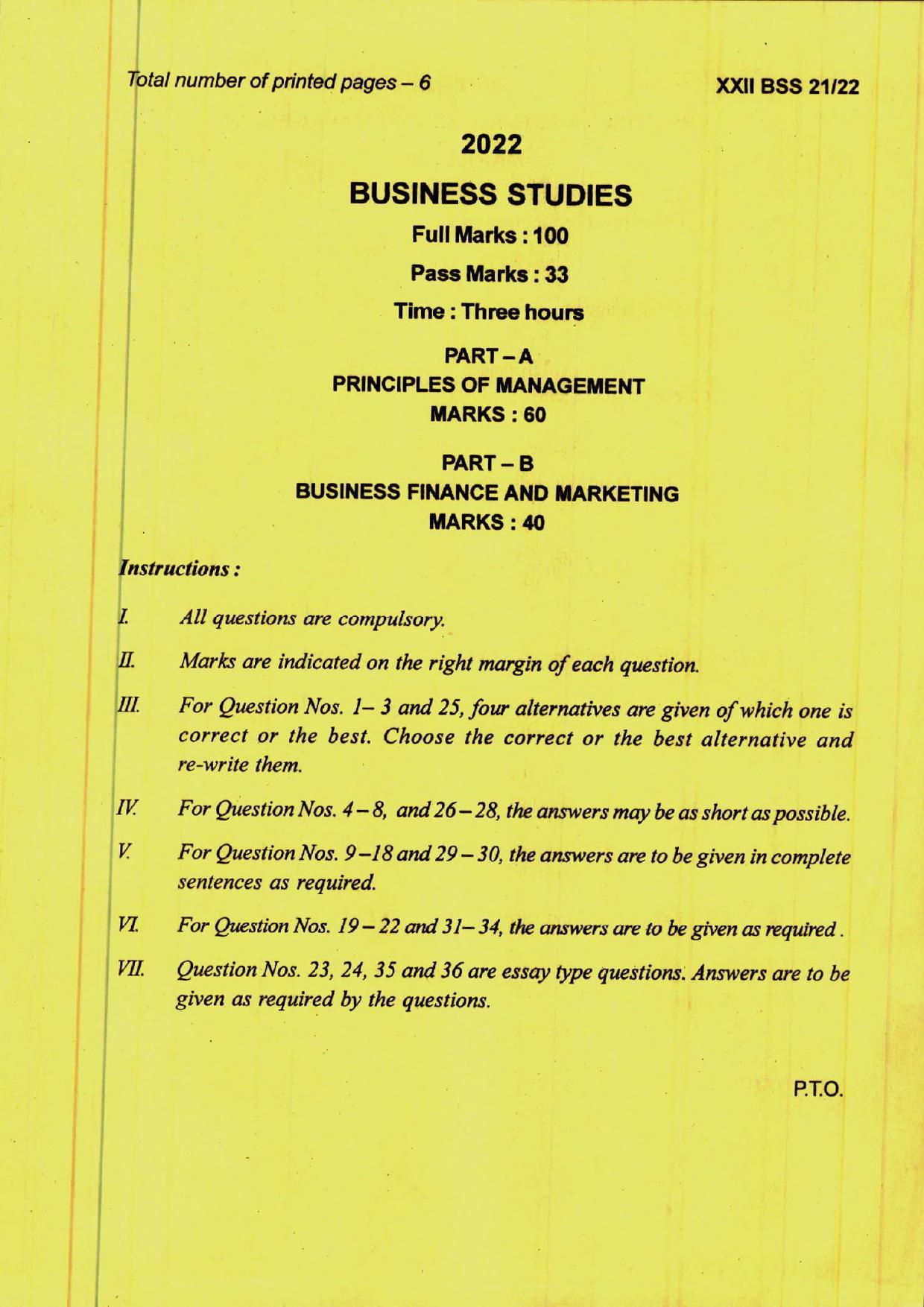 COHSEM 12th Question Papers 2022 Business Studies - Page 1