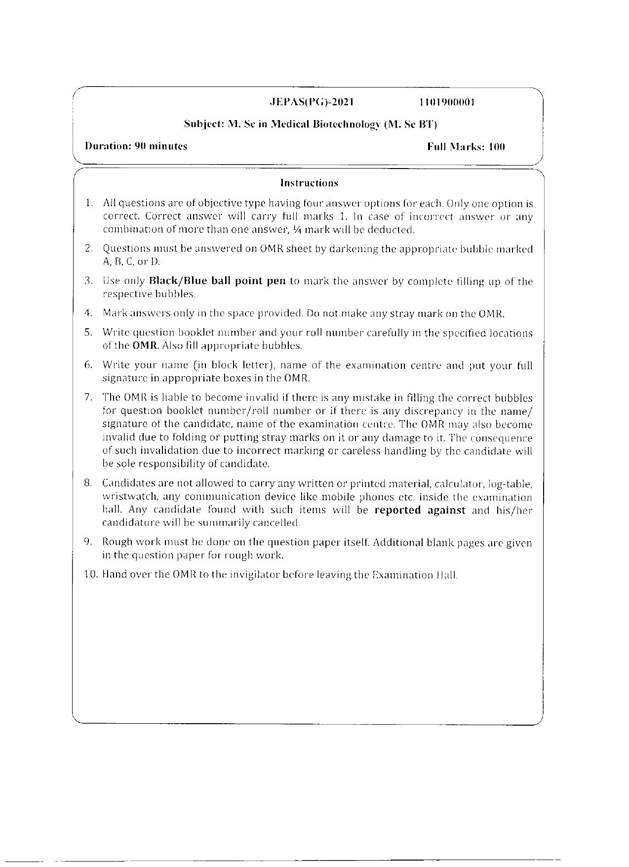 WBJEEB JEMAS (PG) 2021 MSc BT Question Paper - Page 1