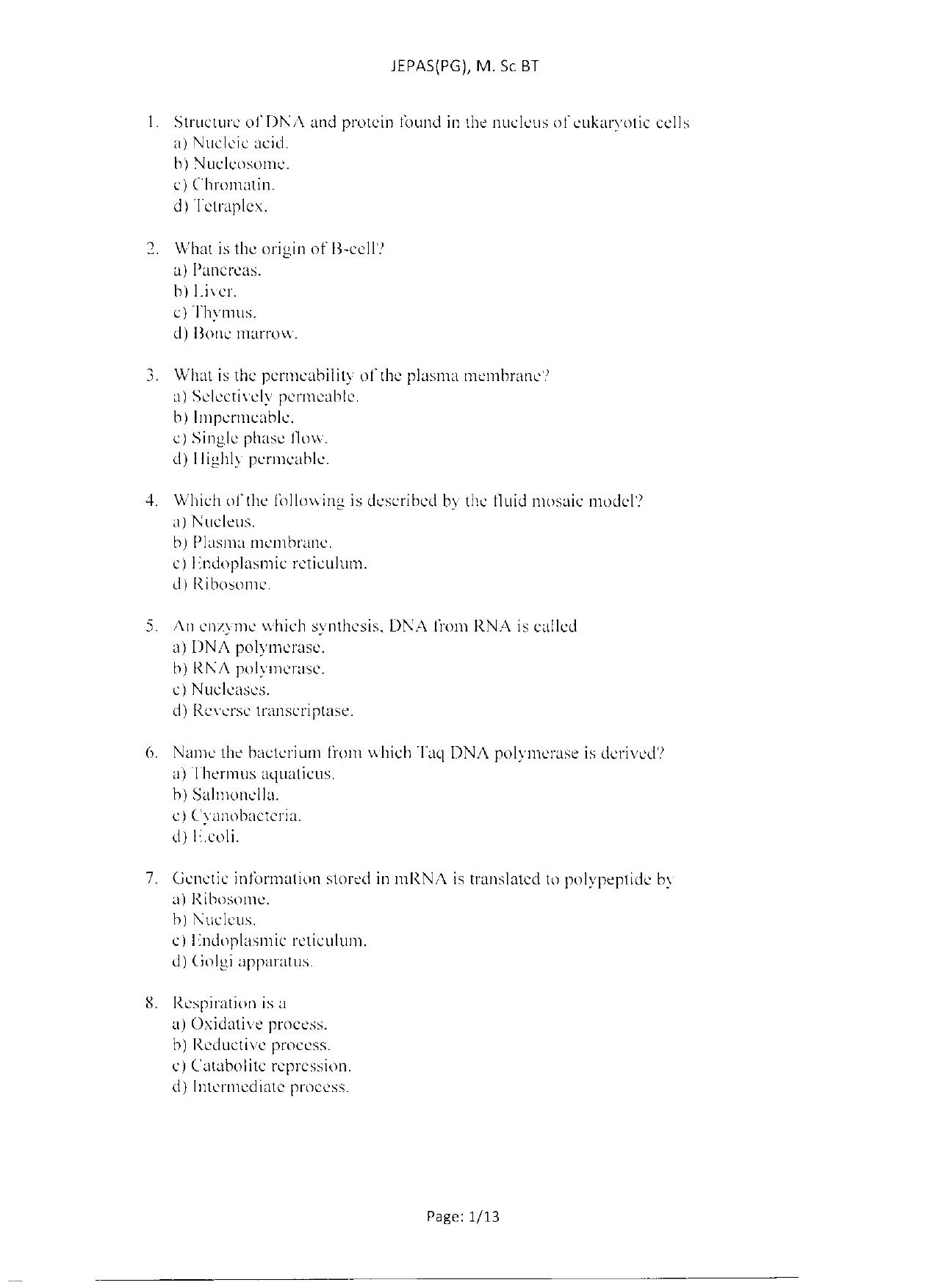 WBJEEB JEMAS (PG) 2021 MSc BT Question Paper - Page 3