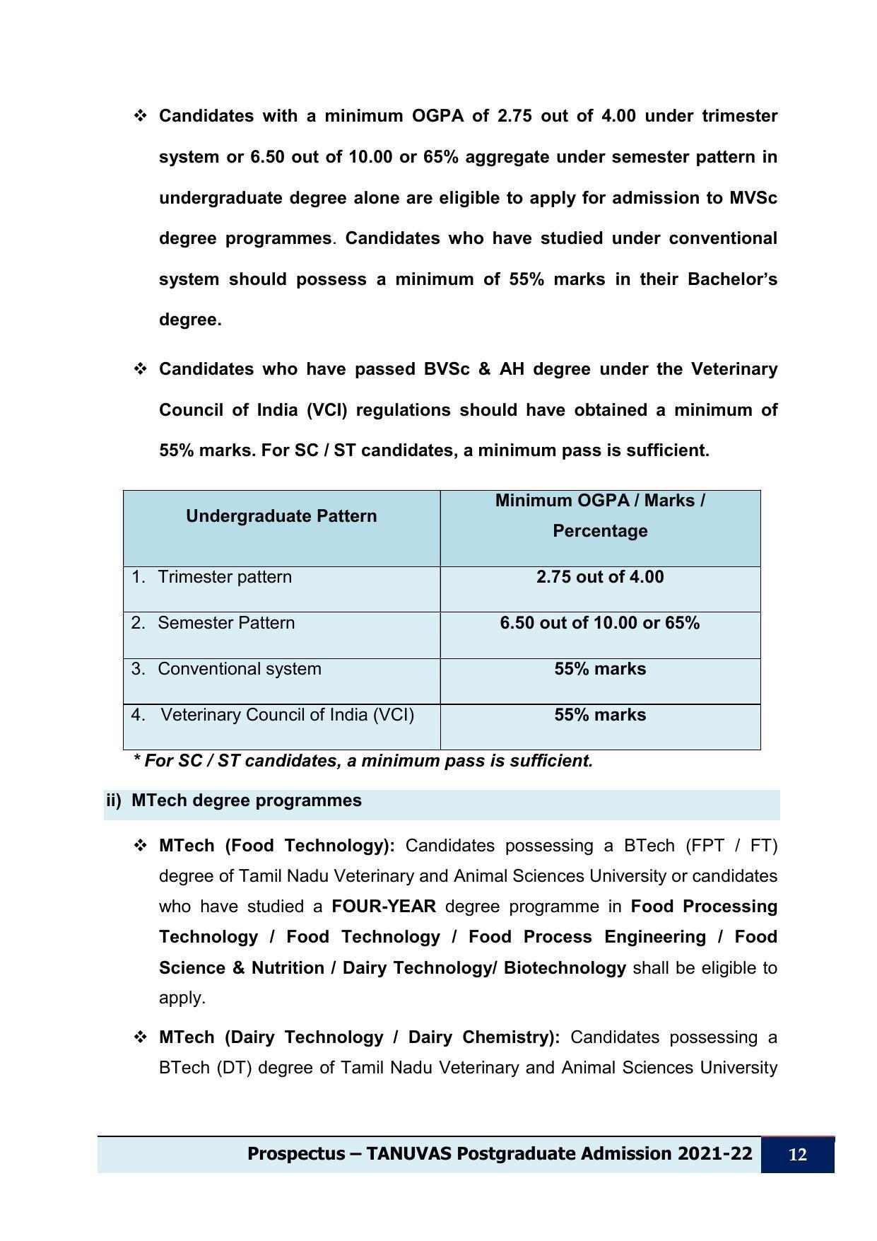 Tamil Nadu Veterinary & Animal Sciences University (TNVASU), Chennai UG Prospectus 2021-22 - Page 13