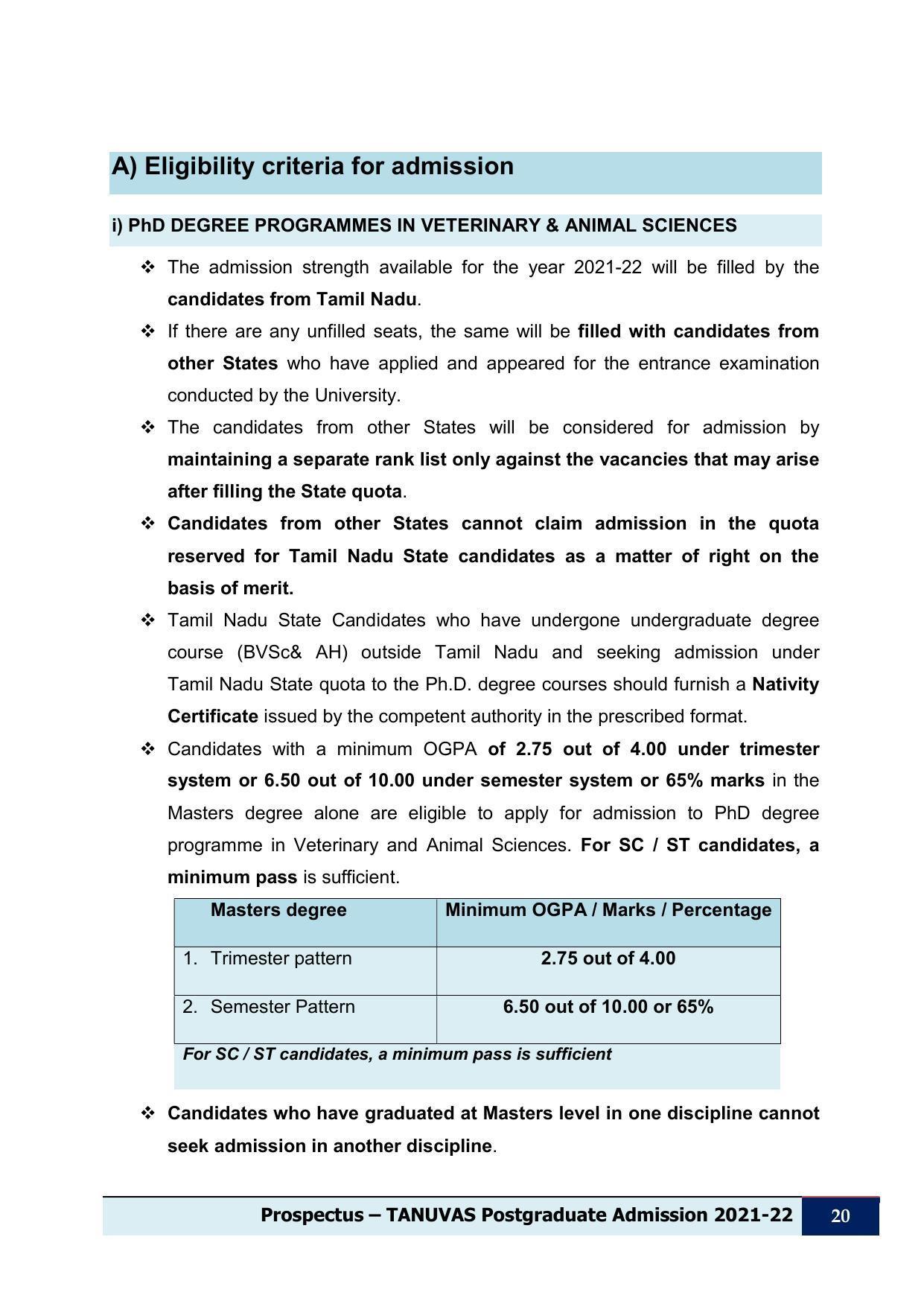 Tamil Nadu Veterinary & Animal Sciences University (TNVASU), Chennai UG Prospectus 2021-22 - Page 21
